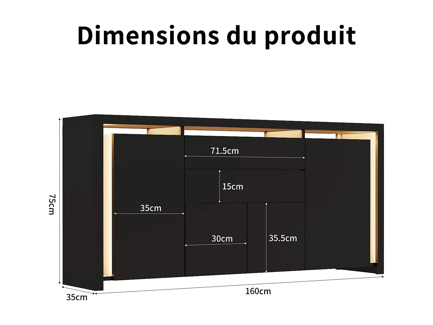 160 x 35 x 75 cm - Ladekast met 2 lades, 4 deuren, LED-verlichting, Dressoir met opbergruimte, Zwart
