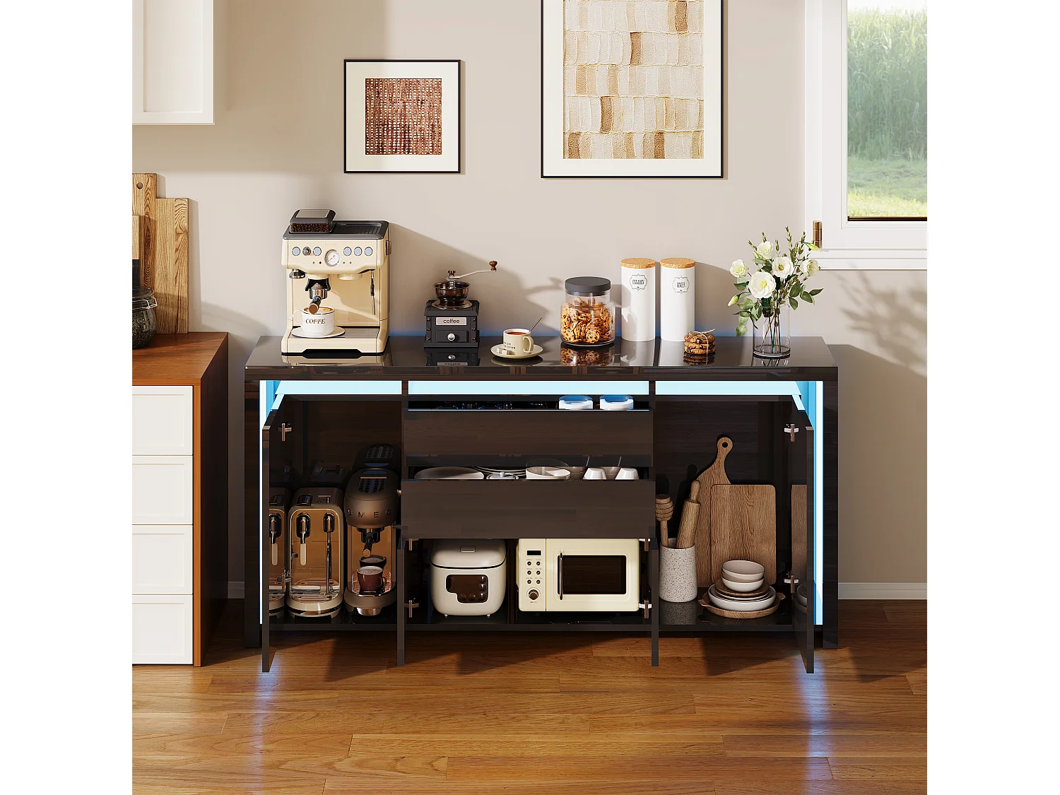 160 x 35 x 75 cm - Ladekast met 2 lades, 4 deuren, LED-verlichting, Dressoir met opbergruimte, Zwart