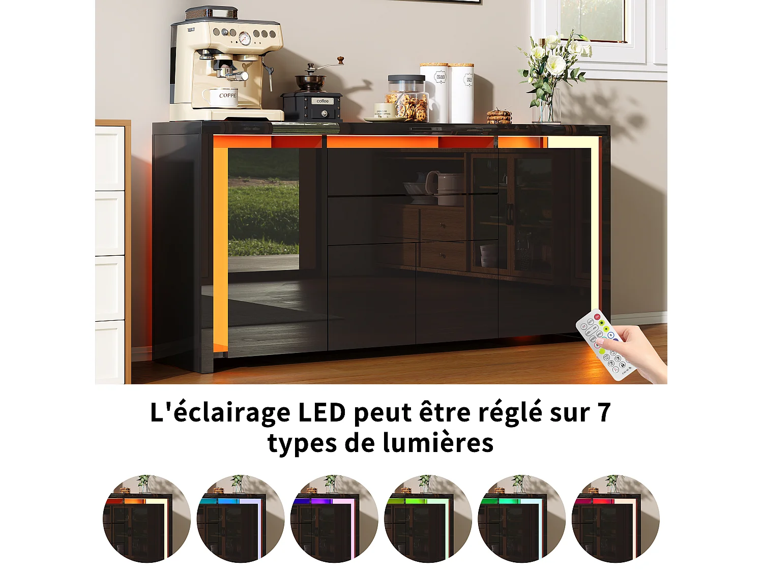 160 x 35 x 75 cm - Ladekast met 2 lades, 4 deuren, LED-verlichting, Dressoir met opbergruimte, Zwart