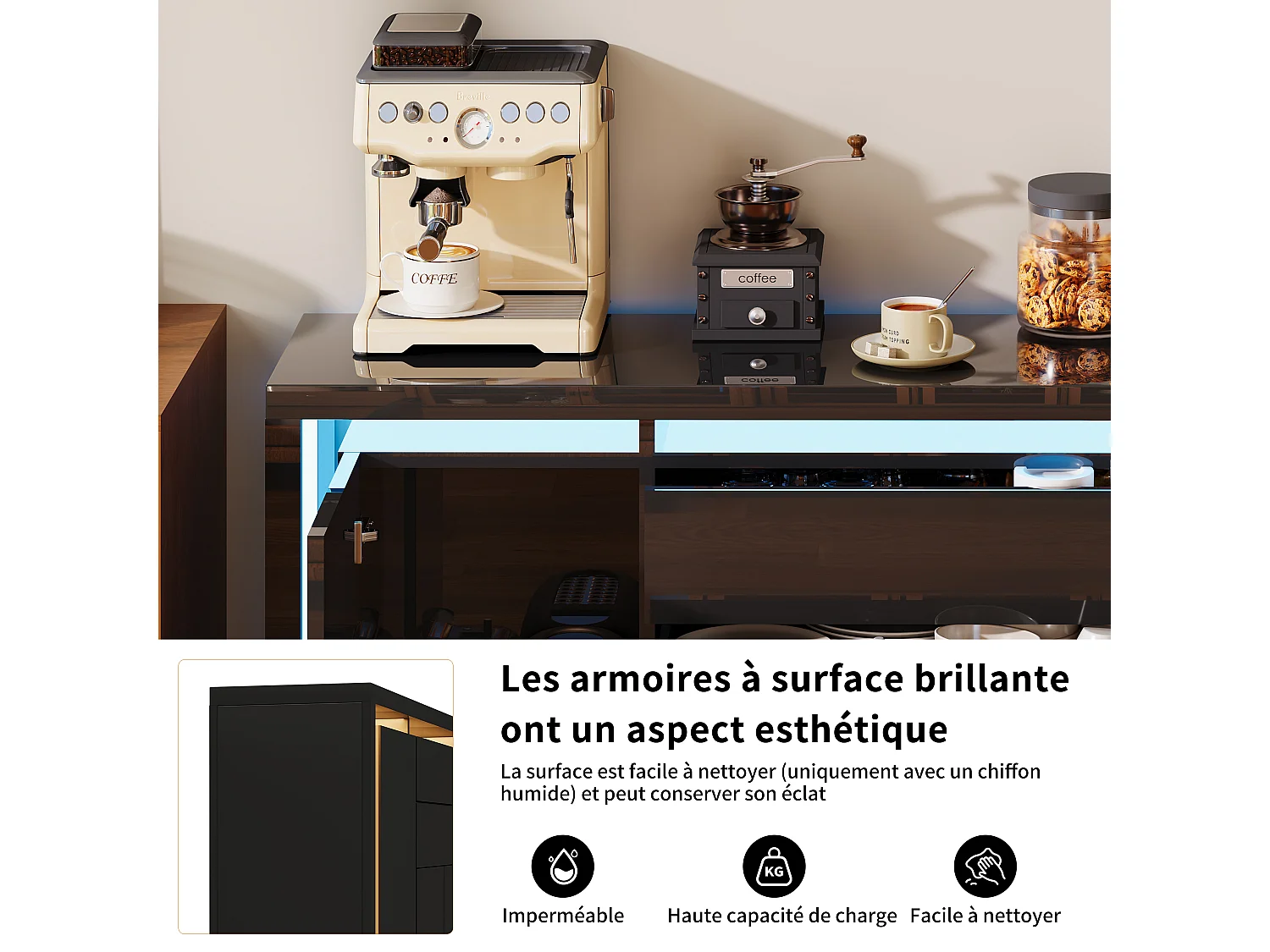 160 x 35 x 75 cm - Ladekast met 2 lades, 4 deuren, LED-verlichting, Dressoir met opbergruimte, Zwart