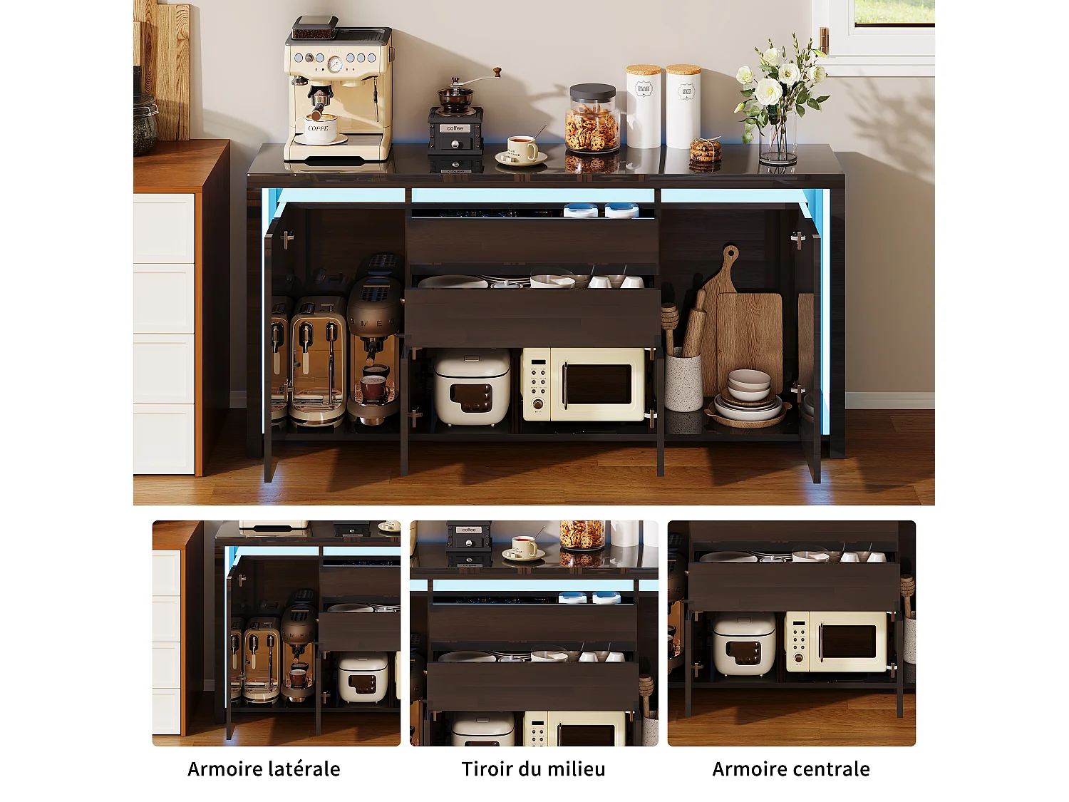 160 x 35 x 75 cm - Ladekast met 2 lades, 4 deuren, LED-verlichting, Dressoir met opbergruimte, Zwart