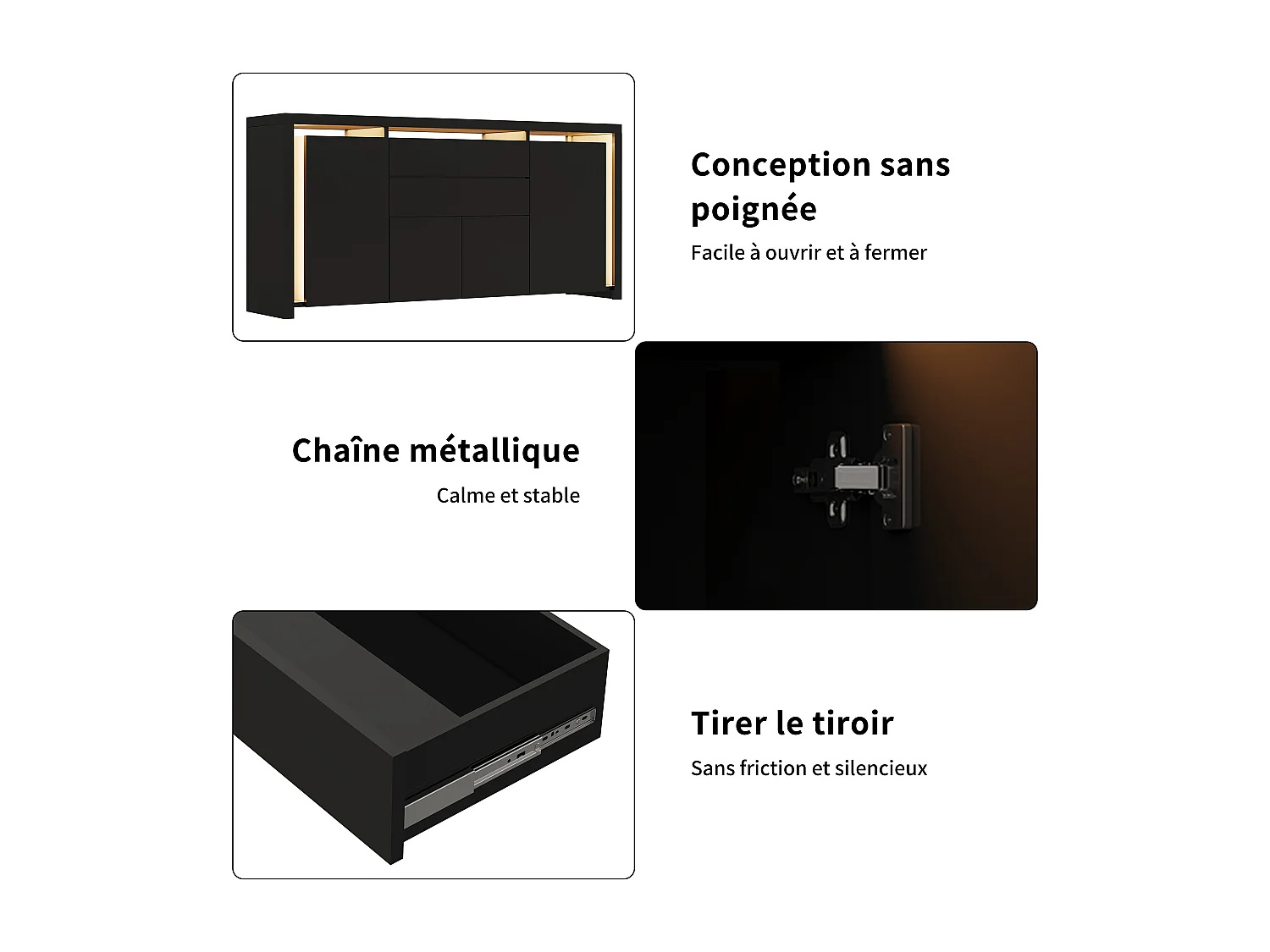 160 x 35 x 75 cm - Ladekast met 2 lades, 4 deuren, LED-verlichting, Dressoir met opbergruimte, Zwart