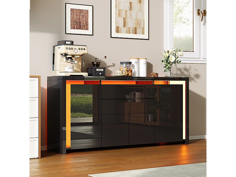 160 x 35 x 75 cm - Ladekast met 2 lades, 4 deuren, LED-verlichting, Dressoir met opbergruimte, Zwart