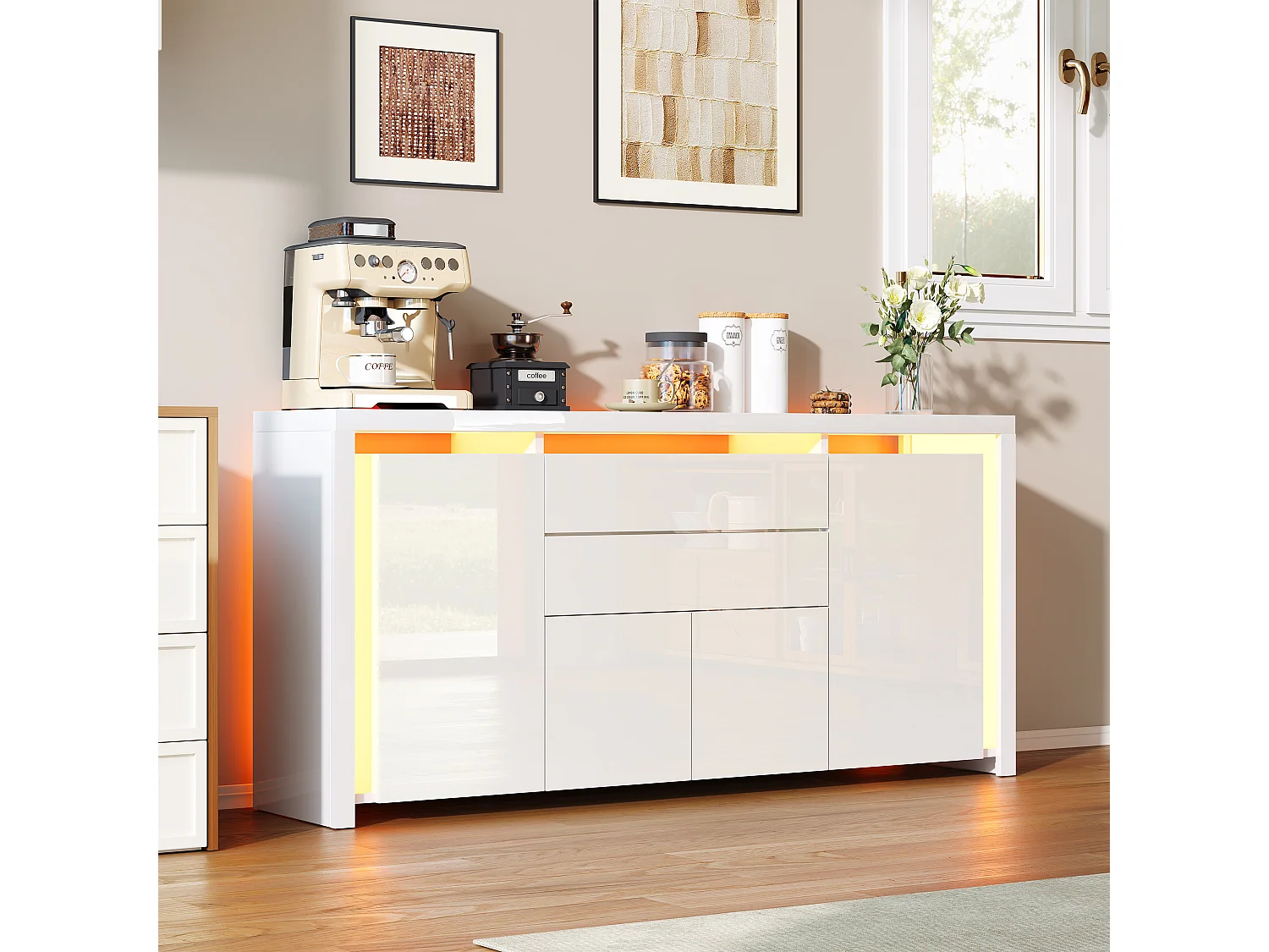 Cómoda de 160 x 35 x 75 cm con 2 cajones, 4 puertas, iluminación LED, aparador con espacio de almacenaje, blanca.