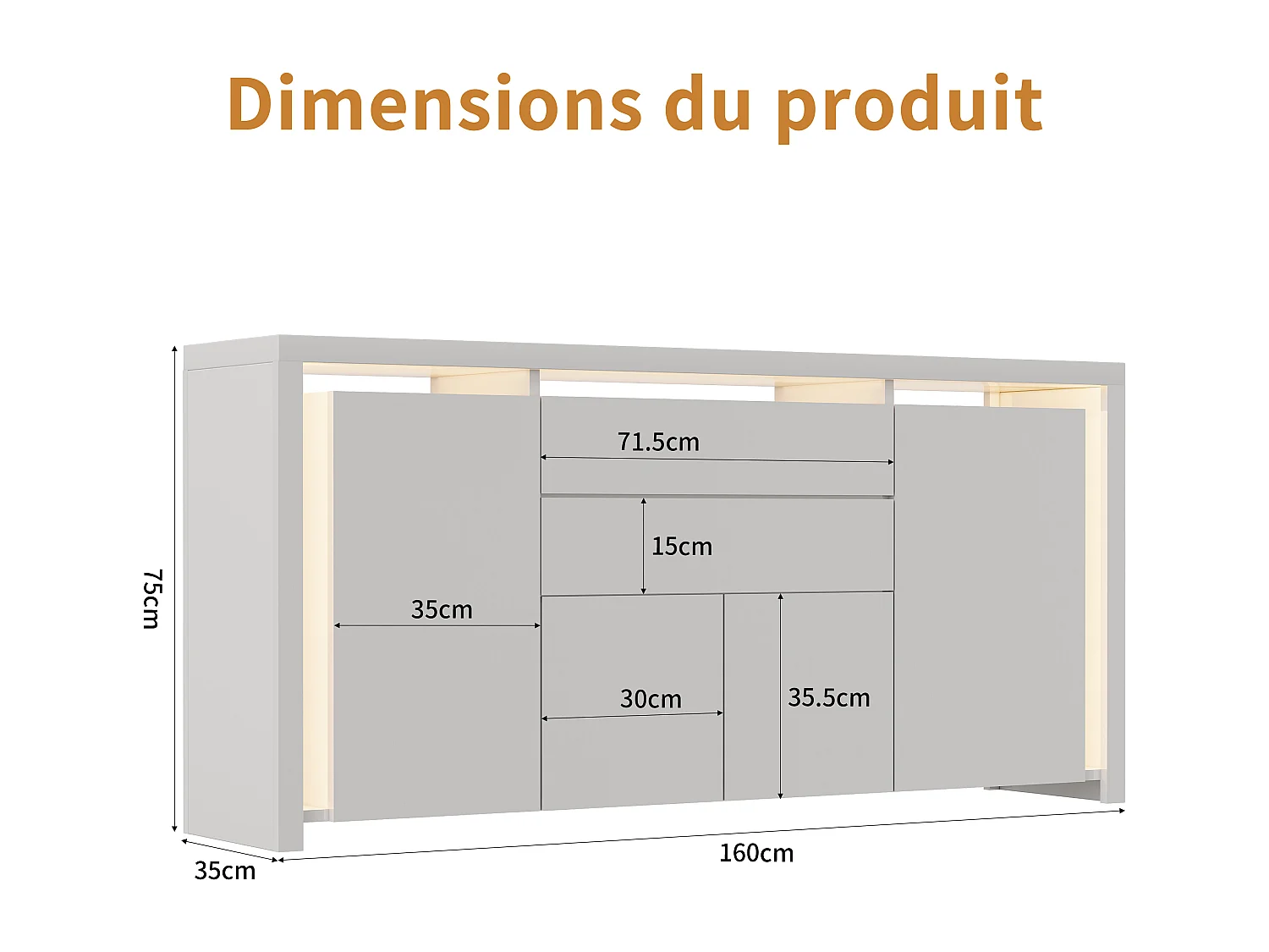 Cómoda de 160 x 35 x 75 cm con 2 cajones, 4 puertas, iluminación LED, aparador con espacio de almacenaje, blanca.