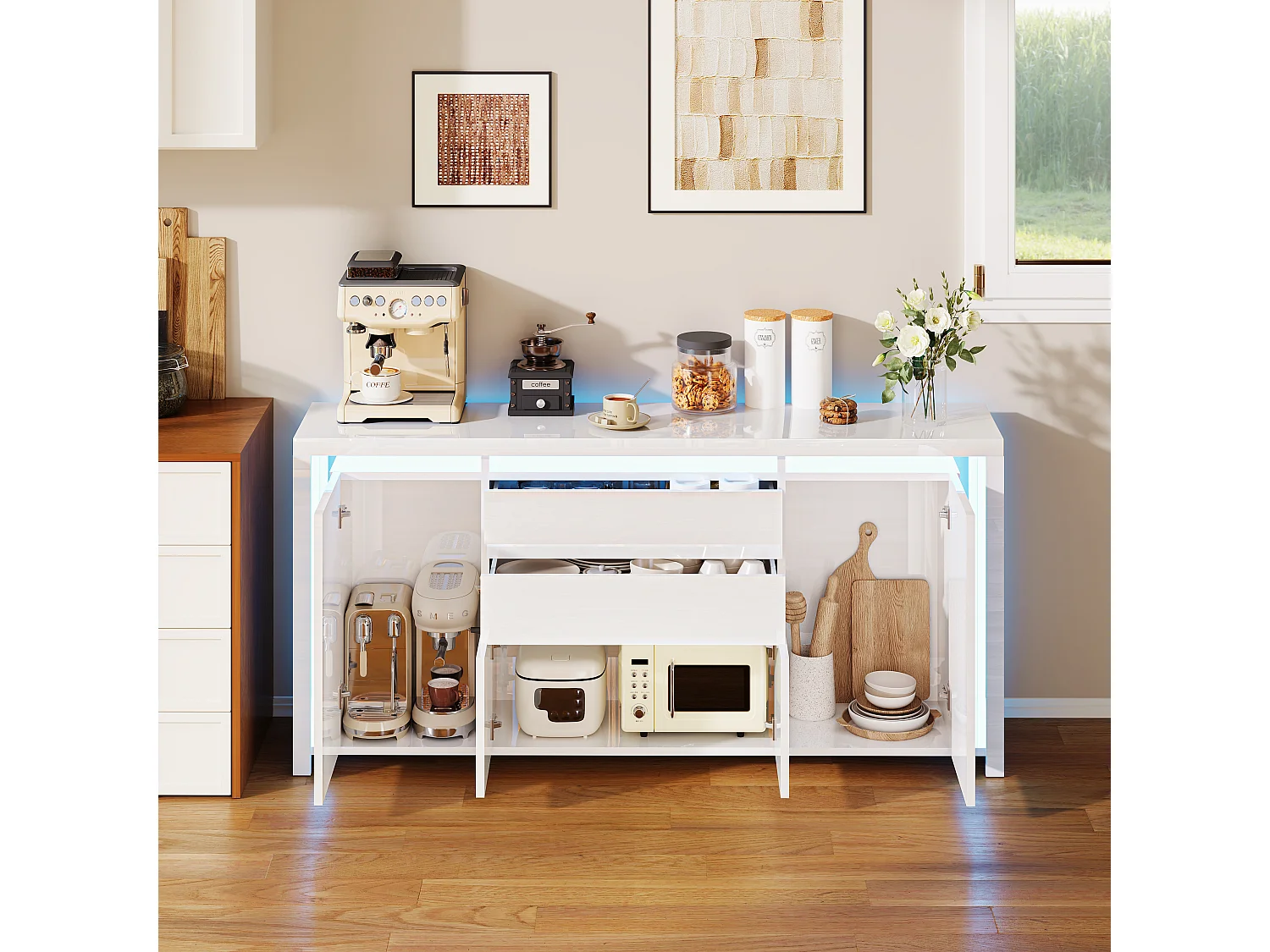 Cómoda de 160 x 35 x 75 cm con 2 cajones, 4 puertas, iluminación LED, aparador con espacio de almacenaje, blanca.