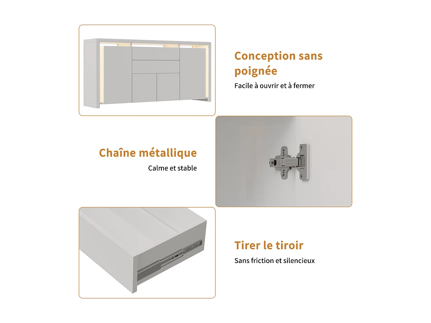 Cómoda de 160 x 35 x 75 cm con 2 cajones, 4 puertas, iluminación LED, aparador con espacio de almacenaje, blanca.
