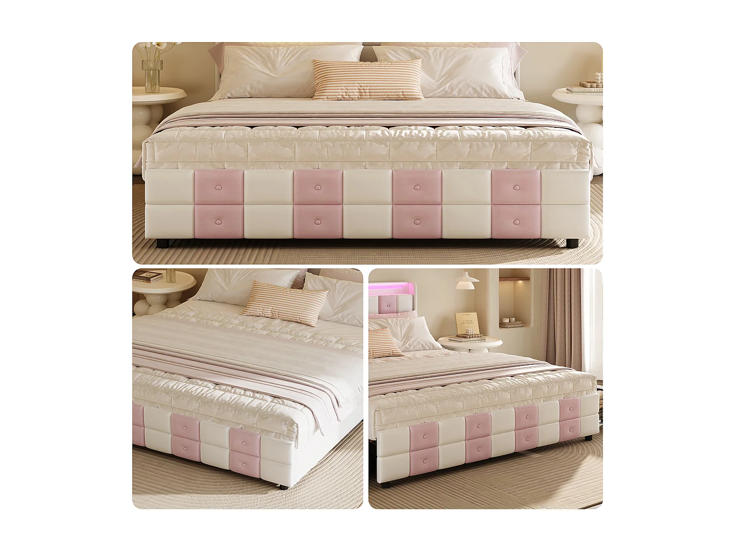 Lit Double 140x190 cm, Velours Blanc et Rose avec Sommier, LED, Ports USB et 4 Tiroirs de Rangement