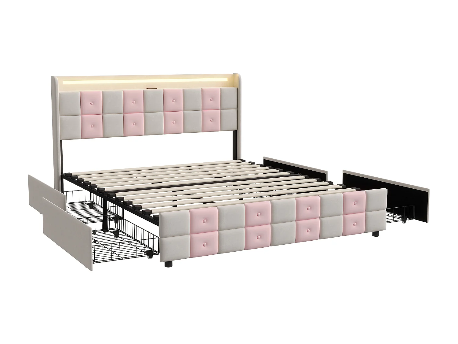 Tweepersoonsbed 140x190 cm, wit en roze fluweel met lattenbodem, ledverlichting, USB-aansluitingen en 4 opberglades