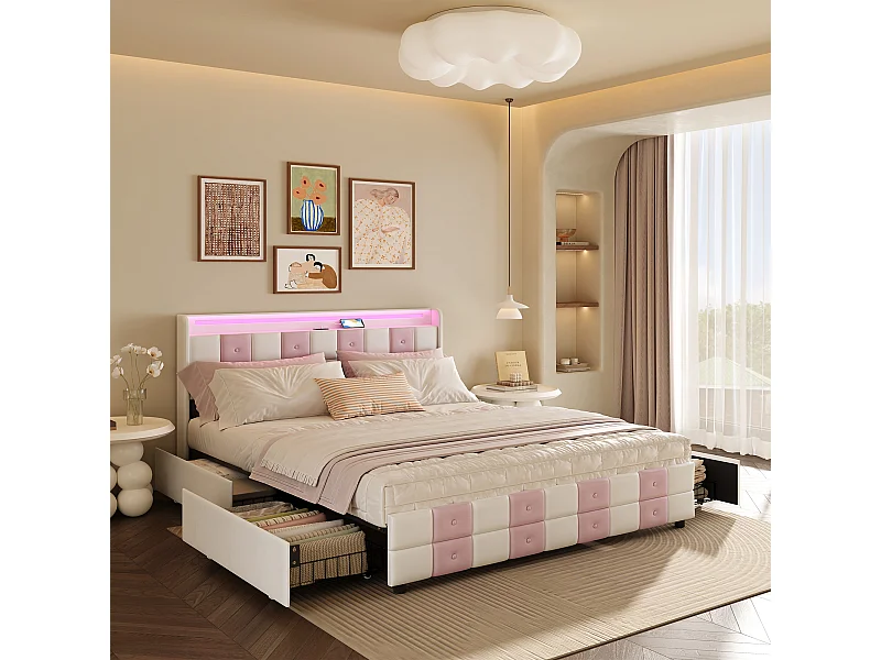 Lit Double 140x190 cm, Velours Blanc et Rose avec Sommier, LED, Ports USB et 4 Tiroirs de Rangement