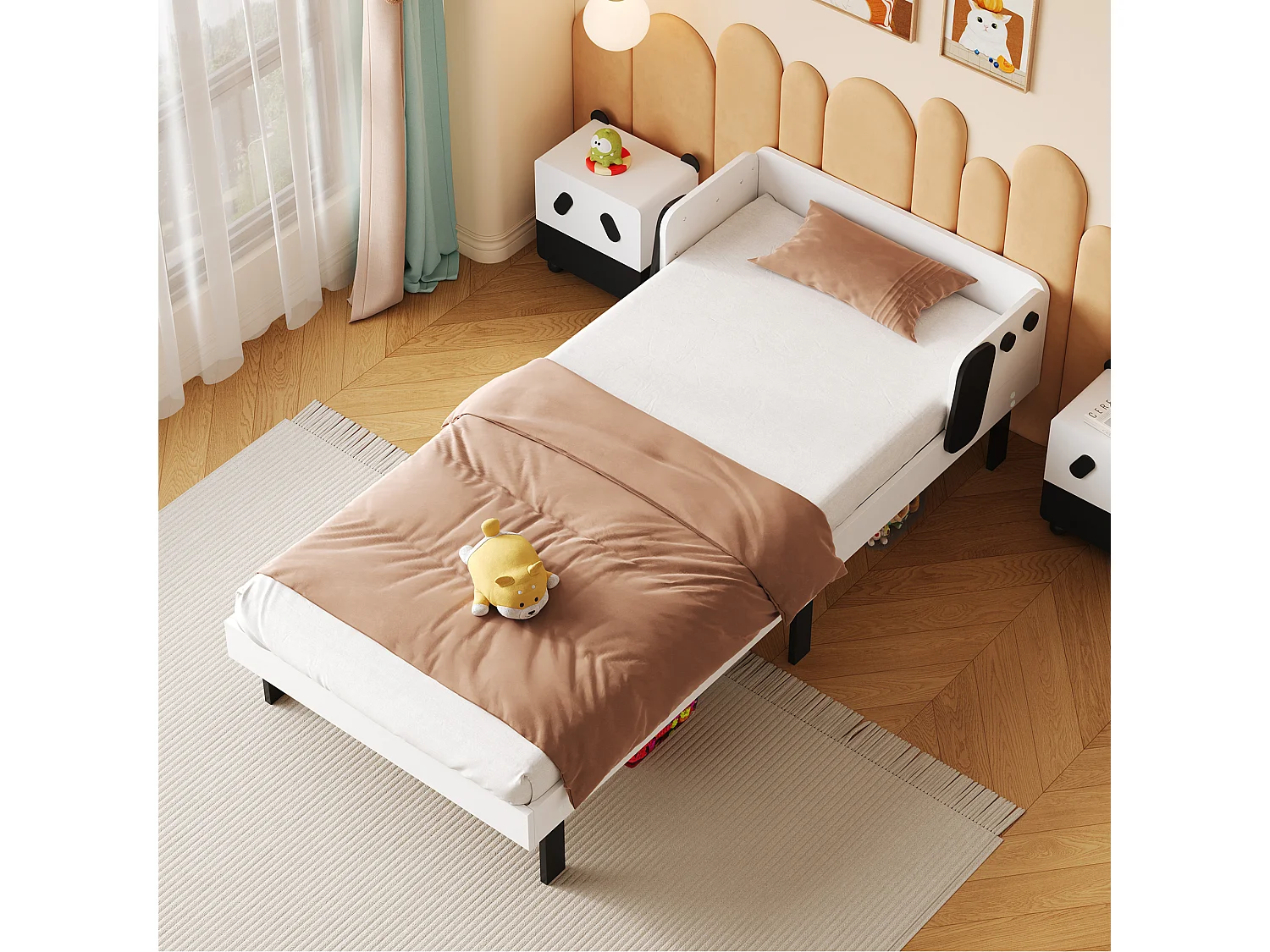 Lit simple 90 x 200 cm, en bois massif, avec sommier à lattes, style chiot, rembourré, pour chambre d'enfant, garçon et fille, sans matelas,  Blanc