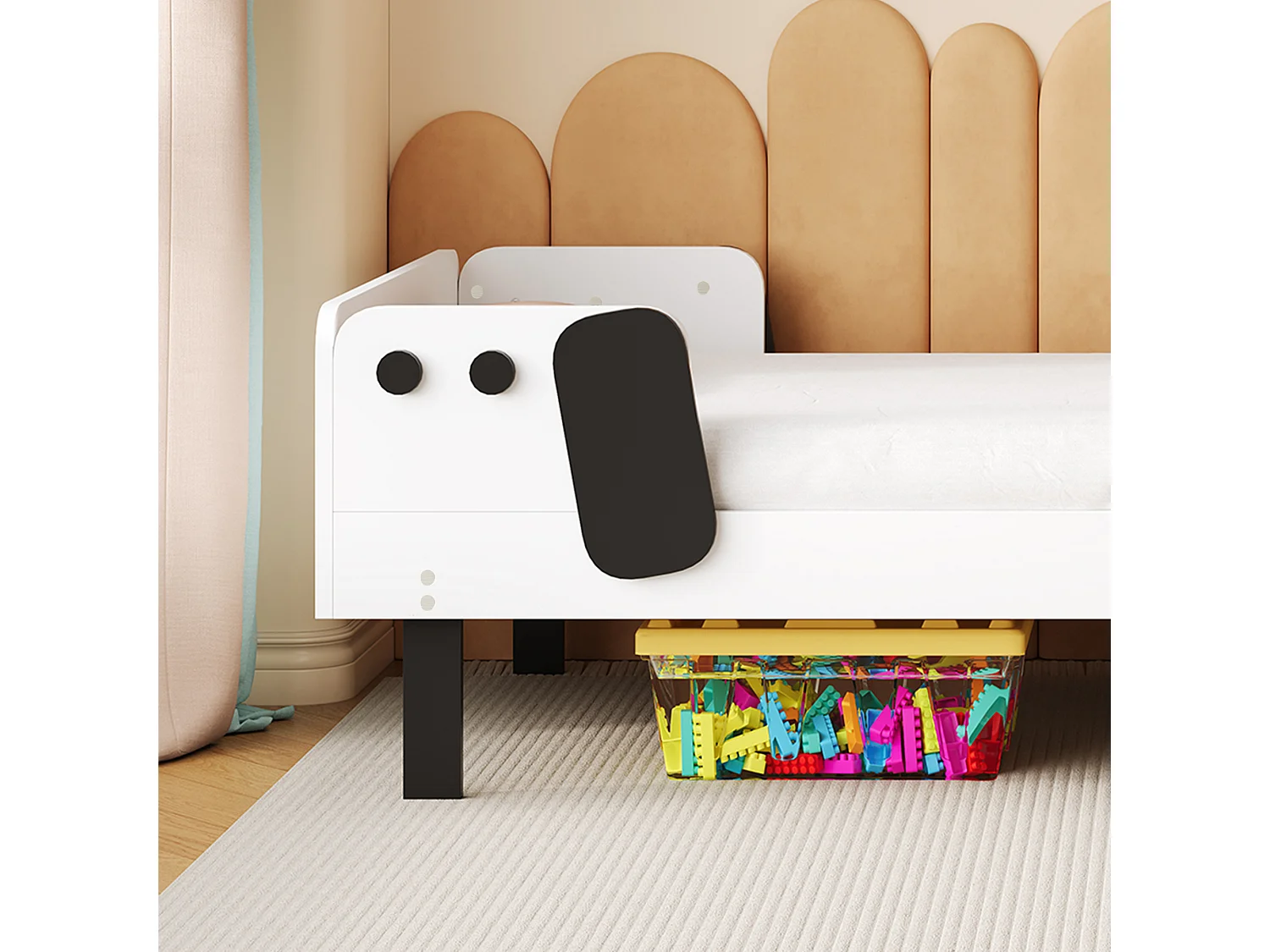 Lit simple 90 x 200 cm, en bois massif, avec sommier à lattes, style chiot, rembourré, pour chambre d'enfant, garçon et fille, sans matelas,  Blanc