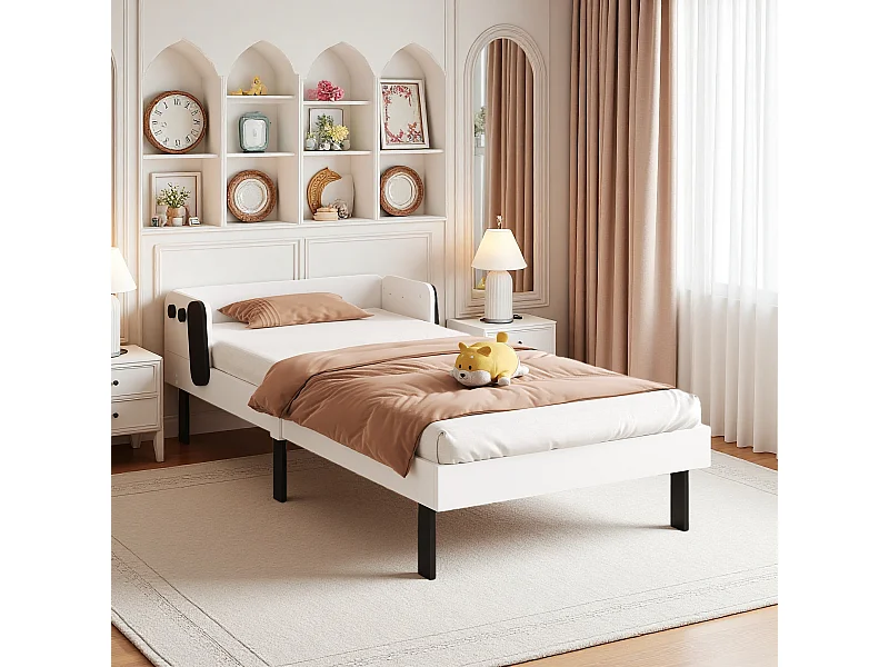 Cama individual 90x200 cm de madera maciza con somier de láminas, estilo cachorro, tapizada, para habitación infantil, niño o niña, sin colchón, blanco