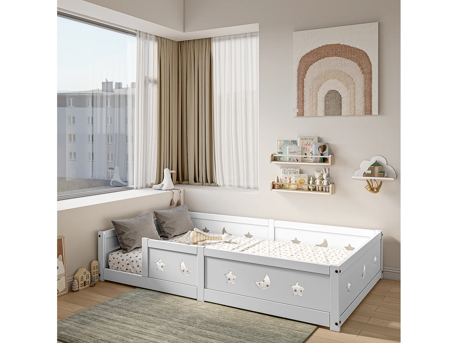 Kinderbed 140x200 cm in massief grenen, met lattenbodem, met ster- en maanpatroon, wit