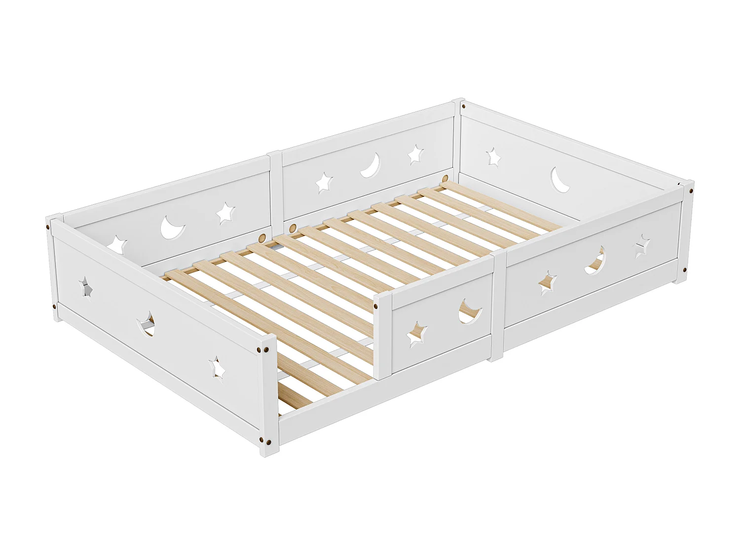 Kinderbed 140x200 cm in massief grenen, met lattenbodem, met ster- en maanpatroon, wit
