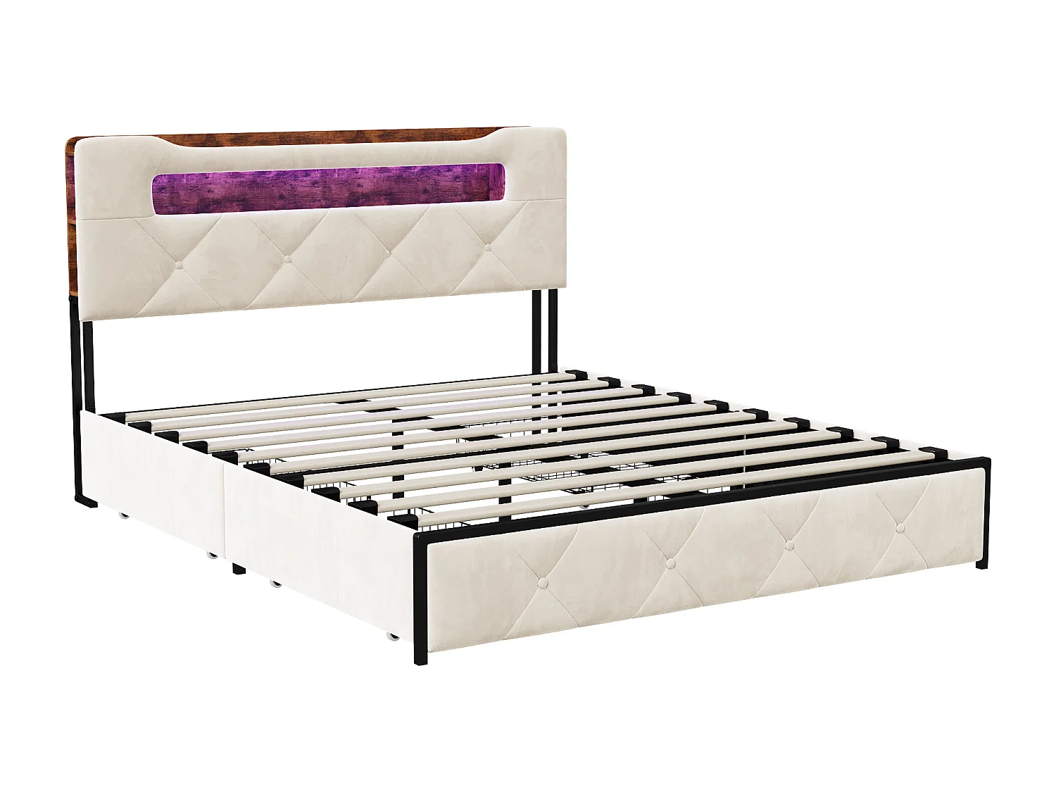 Lit 140x190 Sommier LED et USB, Capitonné avec 3 Tiroirs, Tete de Lit avec Rangement, Velours, Beige