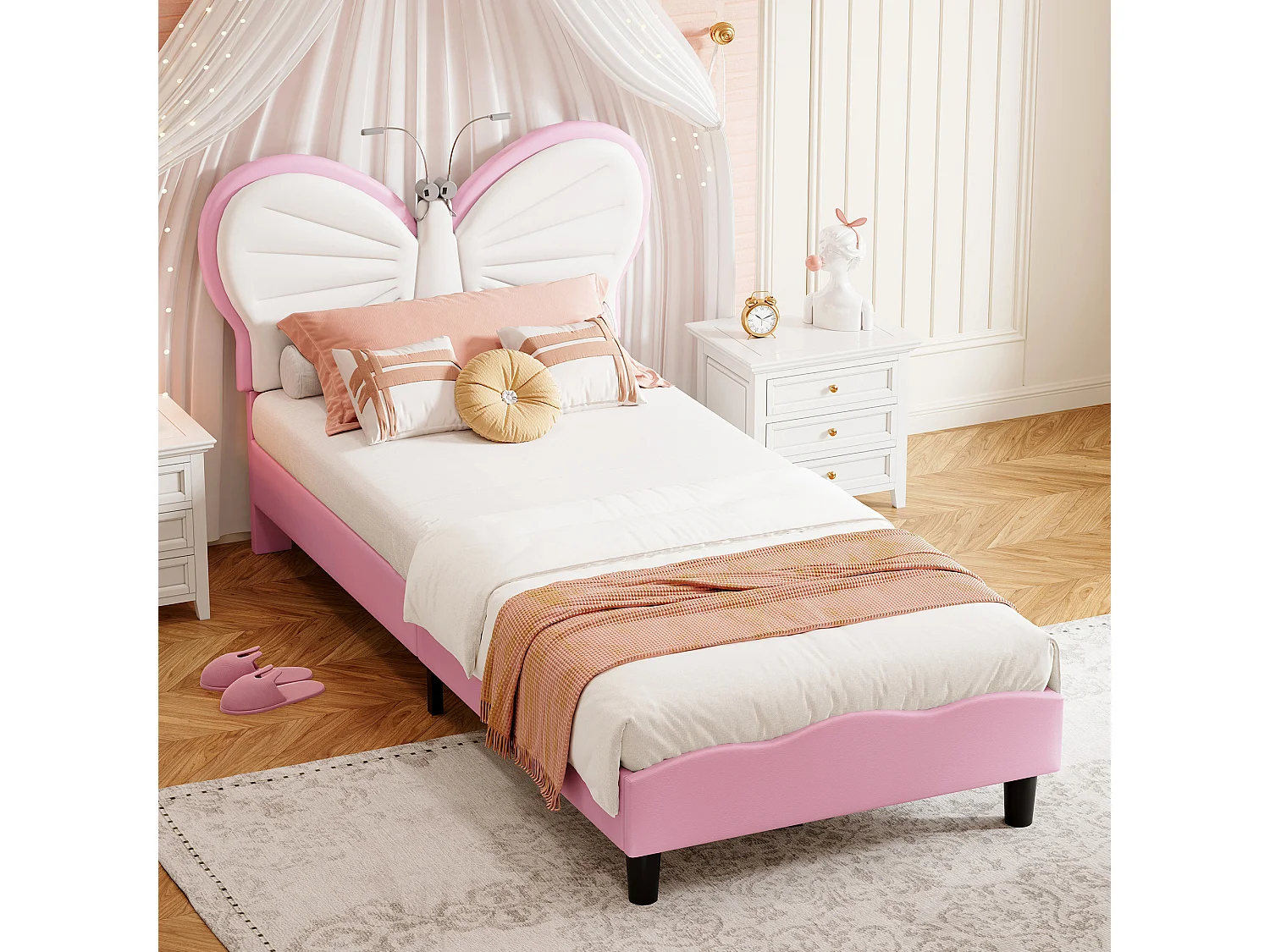 Lit Enfant 90 x 200 cm avec tête de lit en forme de papillon, LED, sommier à lattes, velours, rose