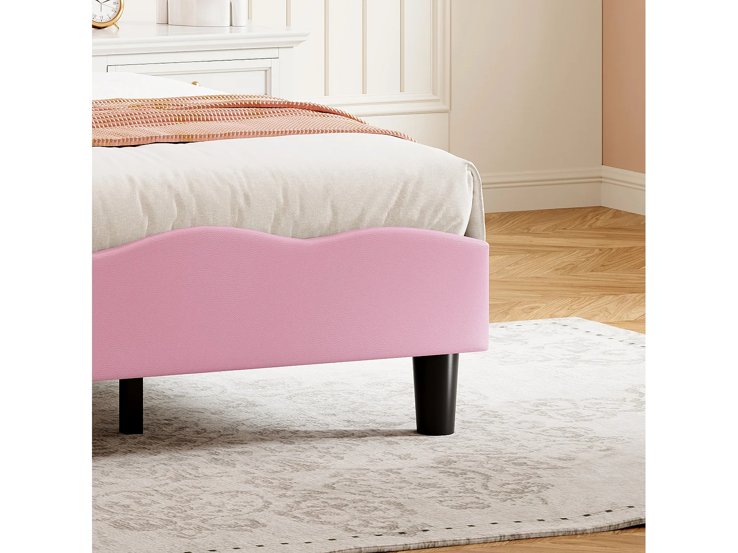 Lit Enfant 90 x 200 cm avec tête de lit en forme de papillon, LED, sommier à lattes, velours, rose