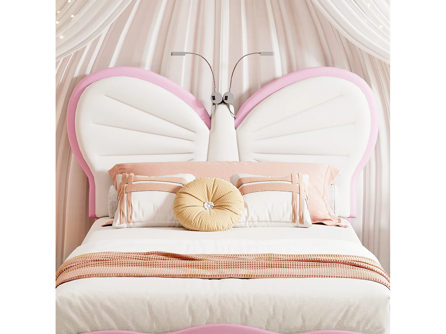 Lit Enfant 90 x 200 cm avec tête de lit en forme de papillon, LED, sommier à lattes, velours, rose