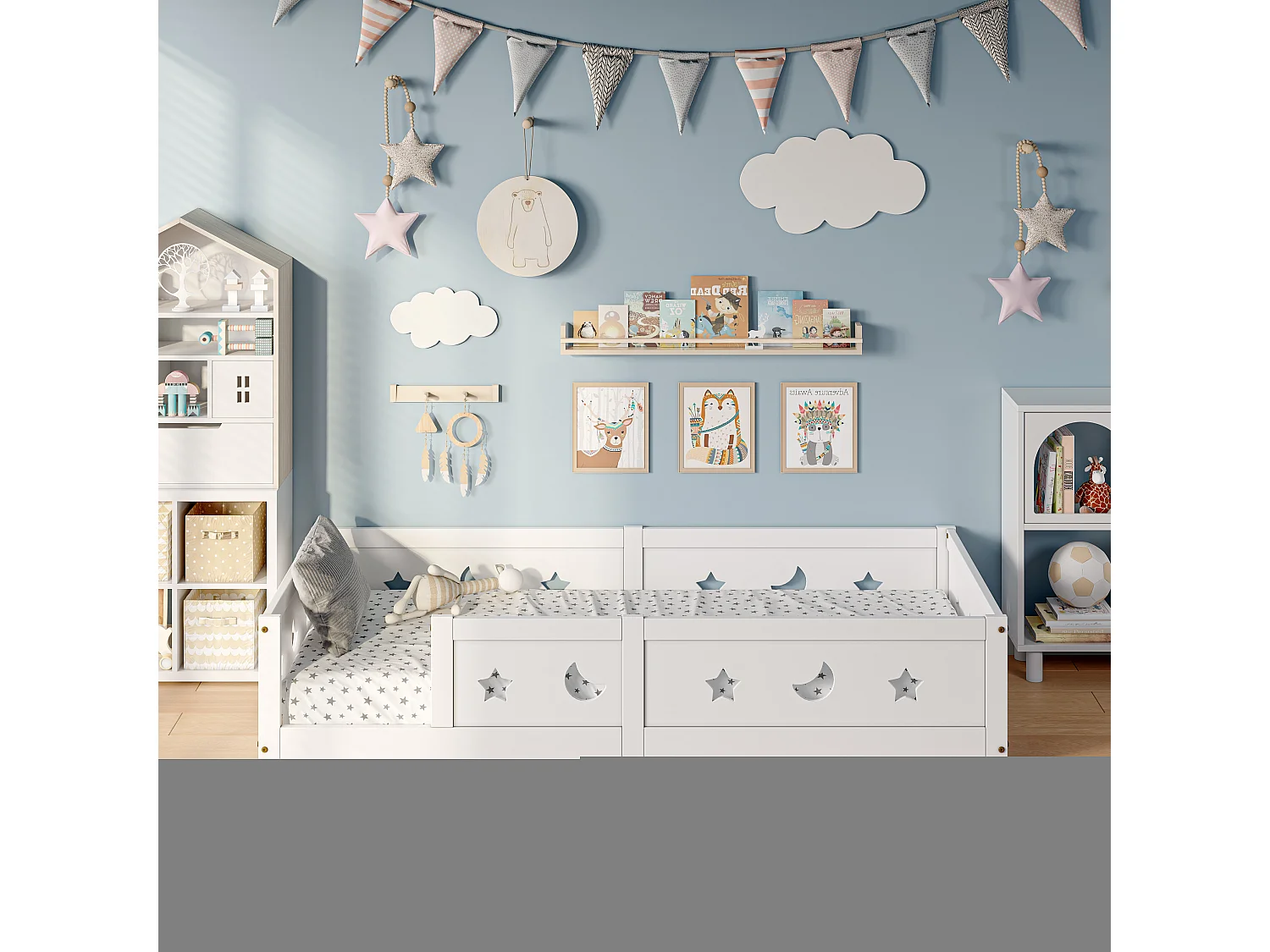 Lit Enfant 90x200 cm en pin Massif, avec sommier à Lattes, avec Motif étoiles et Lune, Blanc