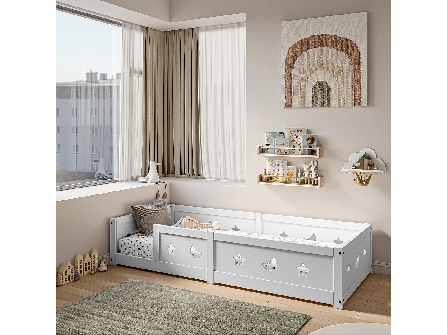 Lit Enfant 90x200 cm en pin Massif, avec sommier à Lattes, avec Motif étoiles et Lune, Blanc