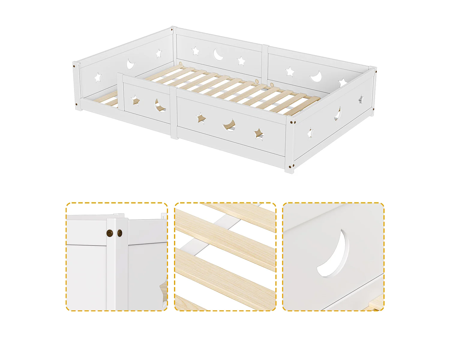 Lit Enfant 90x200 cm en pin Massif, avec sommier à Lattes, avec Motif étoiles et Lune, Blanc