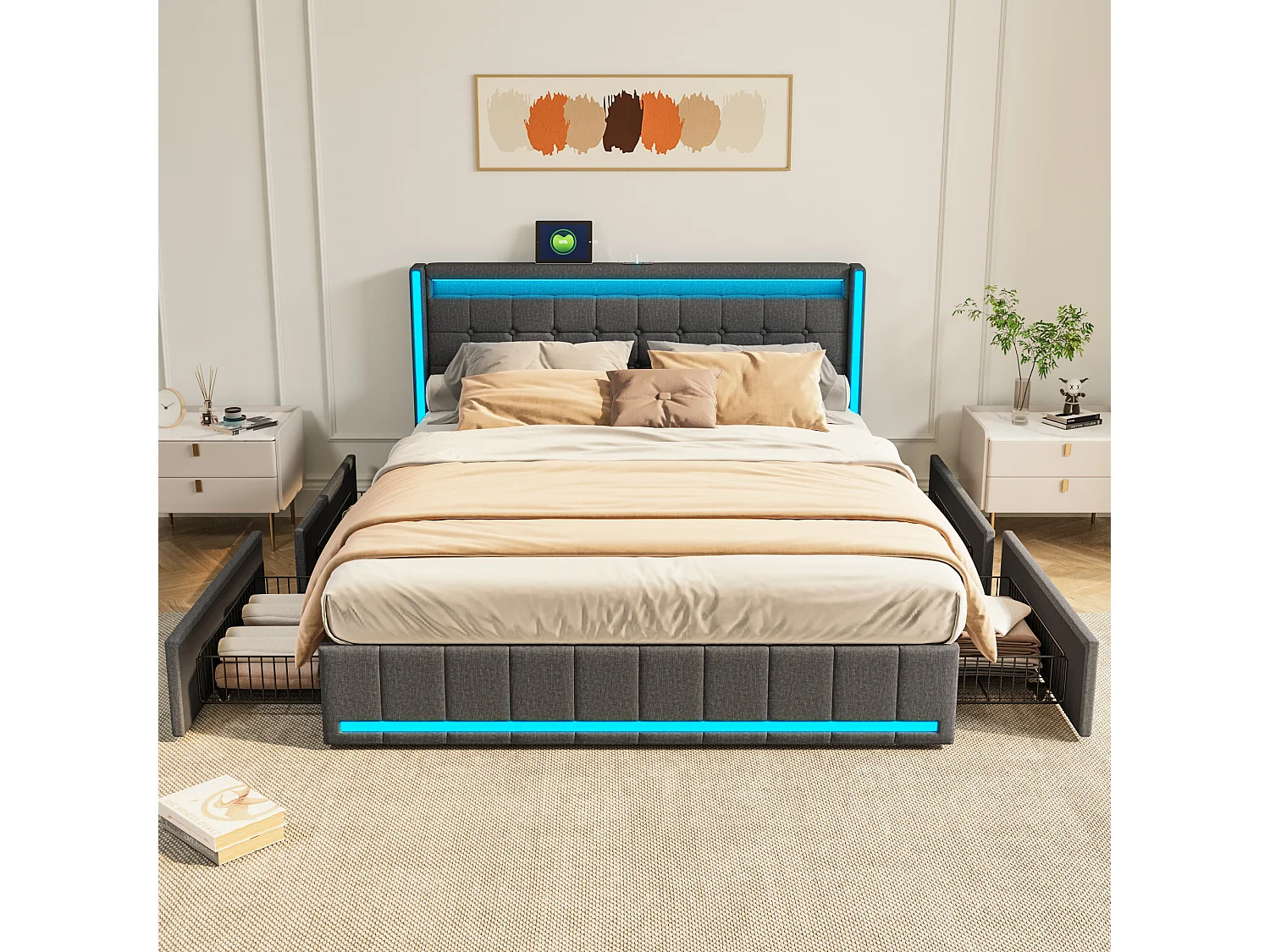 Cama doble de 180x200 cm con LED y carga USB, cama para 2 personas con 4 cajones, ropa de cama, gris oscuro