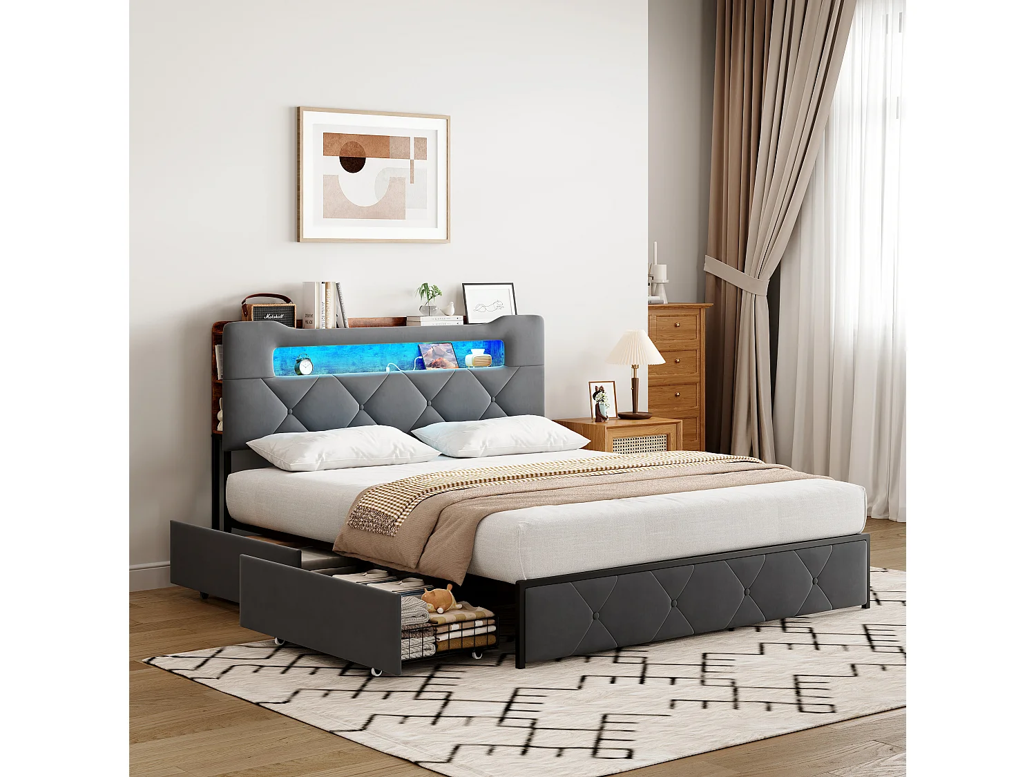 Lit 140x190 Sommier LED et USB, Capitonné avec 3 Tiroirs, Tete de Lit avec Rangement, Velours, Gris