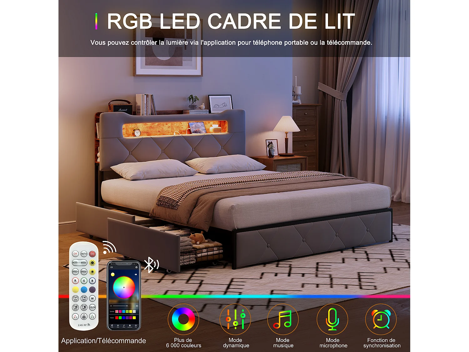 Lit 140x190 Sommier LED et USB, Capitonné avec 3 Tiroirs, Tete de Lit avec Rangement, Velours, Gris