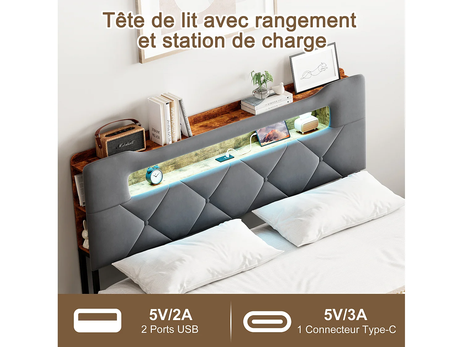 Lit 140x190 Sommier LED et USB, Capitonné avec 3 Tiroirs, Tete de Lit avec Rangement, Velours, Gris