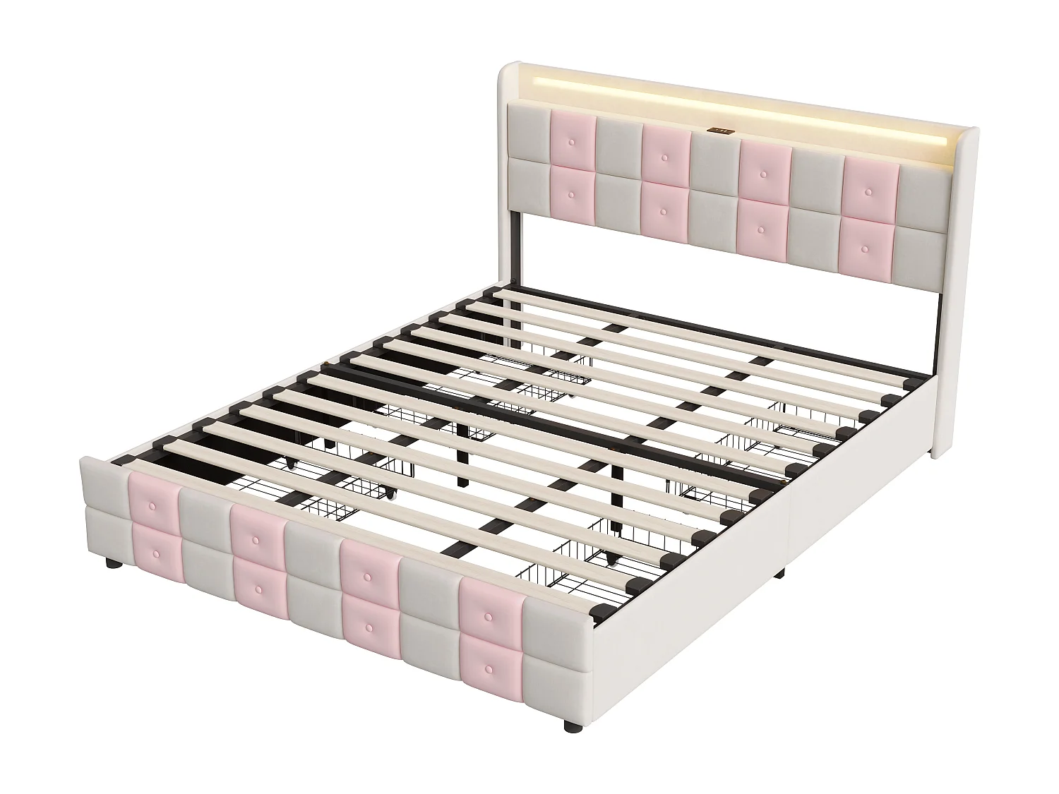 Lit Double 160x200 cm, Velours Blanc et Rose avec Sommier, LED, Ports USB et 4 Tiroirs de Rangement