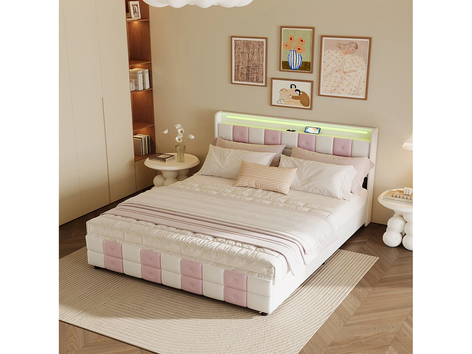 Tweepersoonsbed 140x200 cm, wit en roze fluweel met lattenbodem, ledverlichting, USB-poorten en 4 opberglades