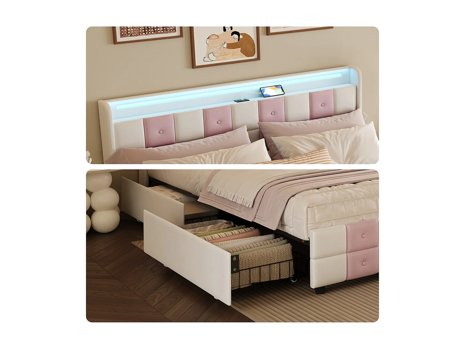 Tweepersoonsbed 140x200 cm, wit en roze fluweel met lattenbodem, ledverlichting, USB-poorten en 4 opberglades