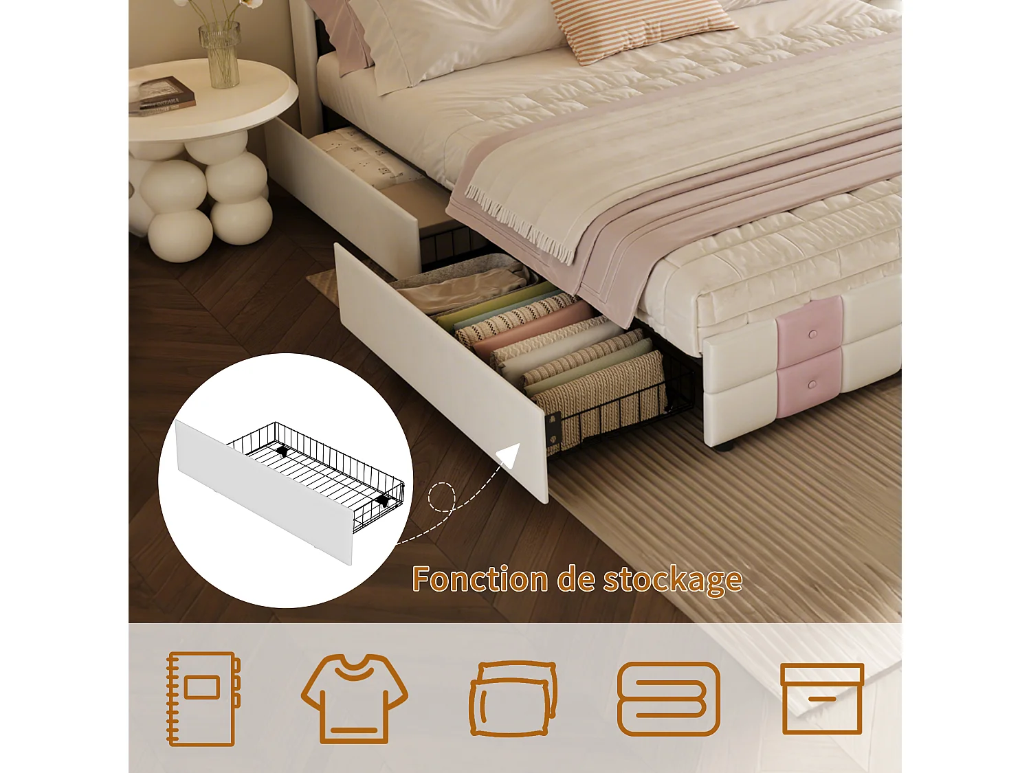 Lit Double 140x200 cm, Velours Blanc et Rose avec Sommier, LED, Ports USB et 4 Tiroirs de Rangement