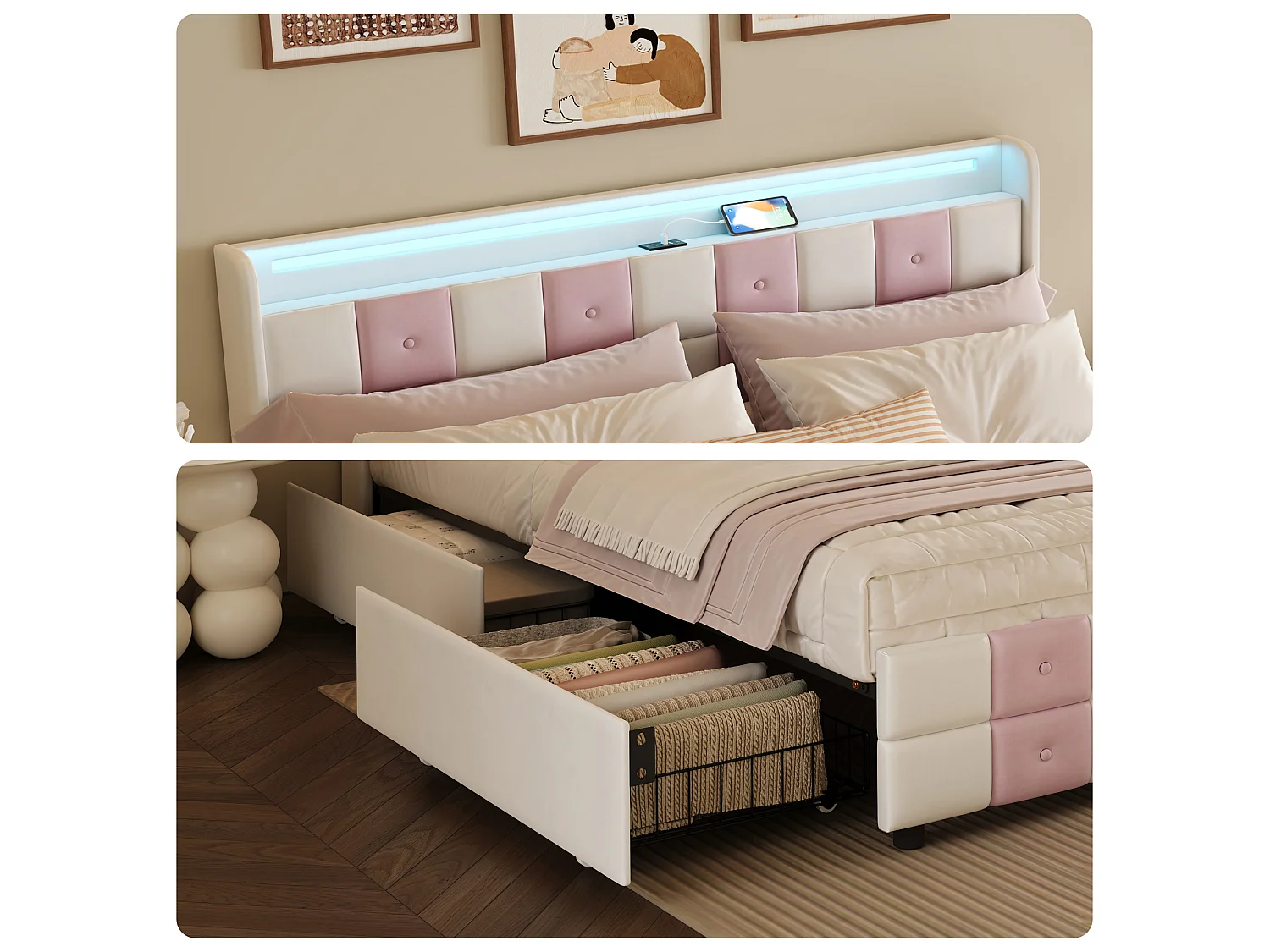 Lit Double 140x200 cm, Velours Blanc et Rose avec Sommier, LED, Ports USB et 4 Tiroirs de Rangement