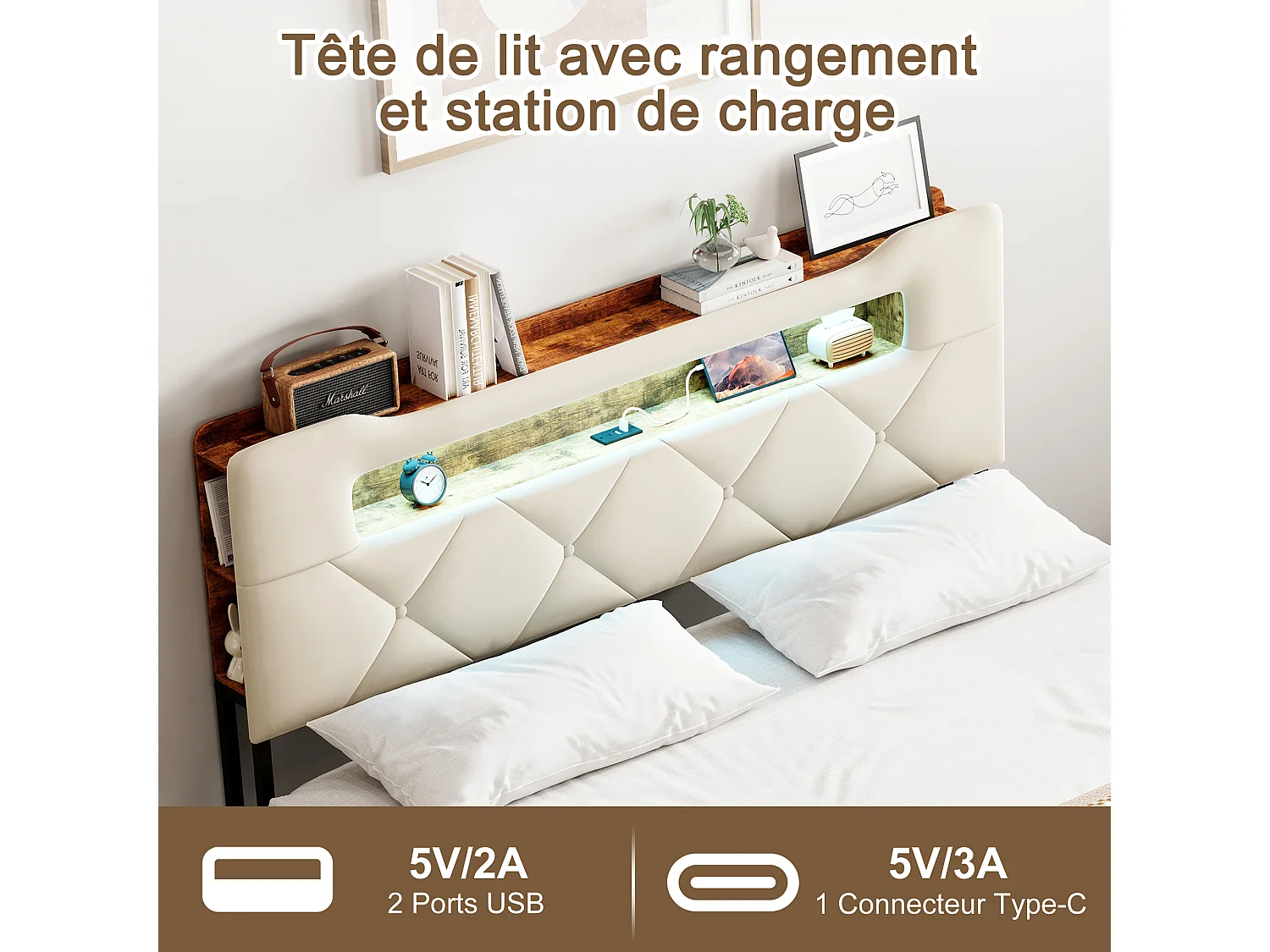Lit 140x200 Sommier LED et USB, Capitonné avec 3 Tiroirs, Tete de Lit avec Rangement, Velours, Beige