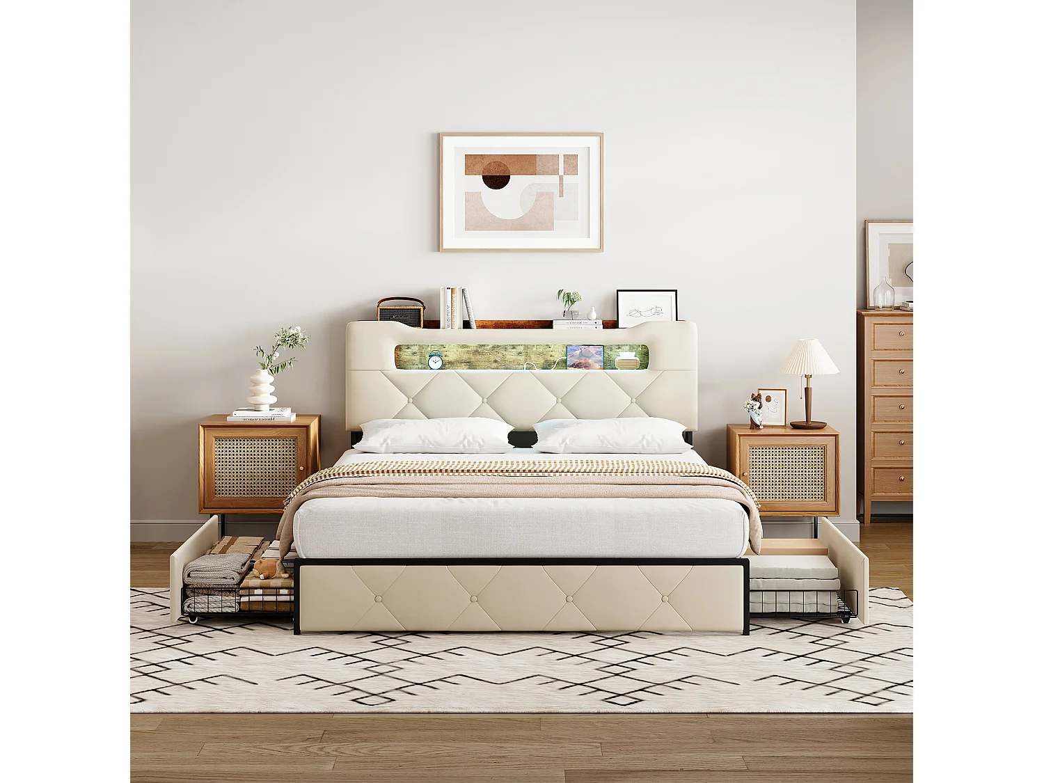 Bett (140 x 200 cm) mit LED-Beleuchtung und USB-Anschluss, Lattenrost, gepolstert mit 3 Schubladen, Kopfteil mit Stauraum, Samtbezug, beige
