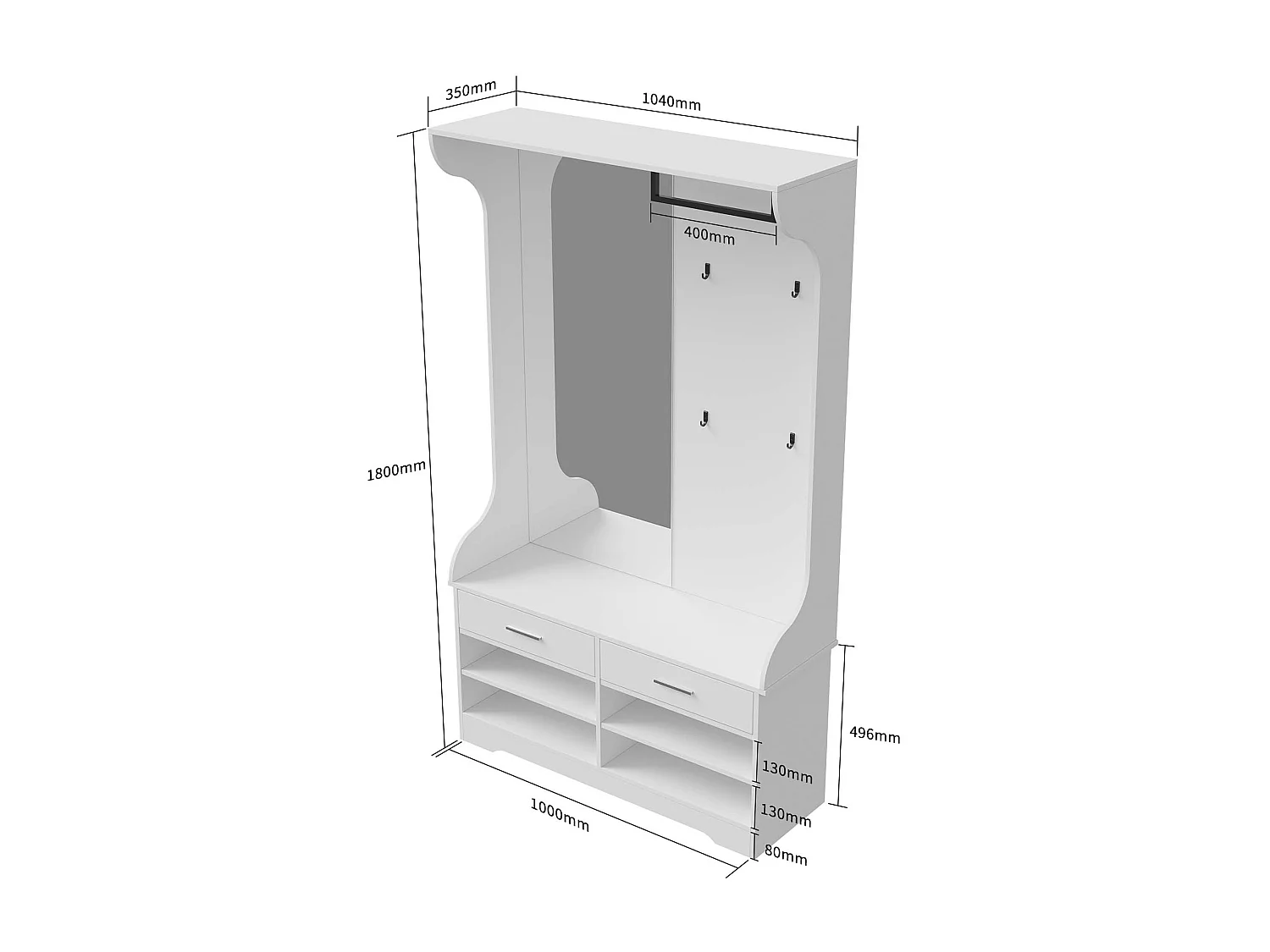 Set guardaroba bianco 6 in 1 con specchio e scarpiera aperta, 104 x 35 x 180 cm