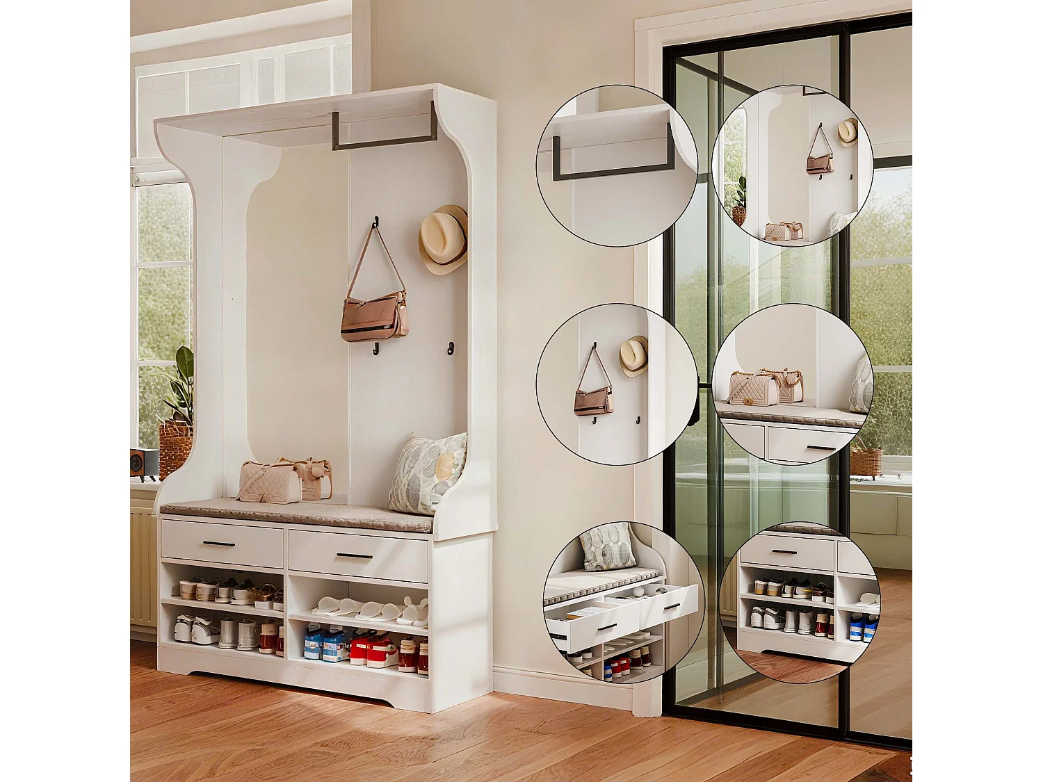 Set guardaroba bianco 6 in 1 con specchio e scarpiera aperta, 104 x 35 x 180 cm