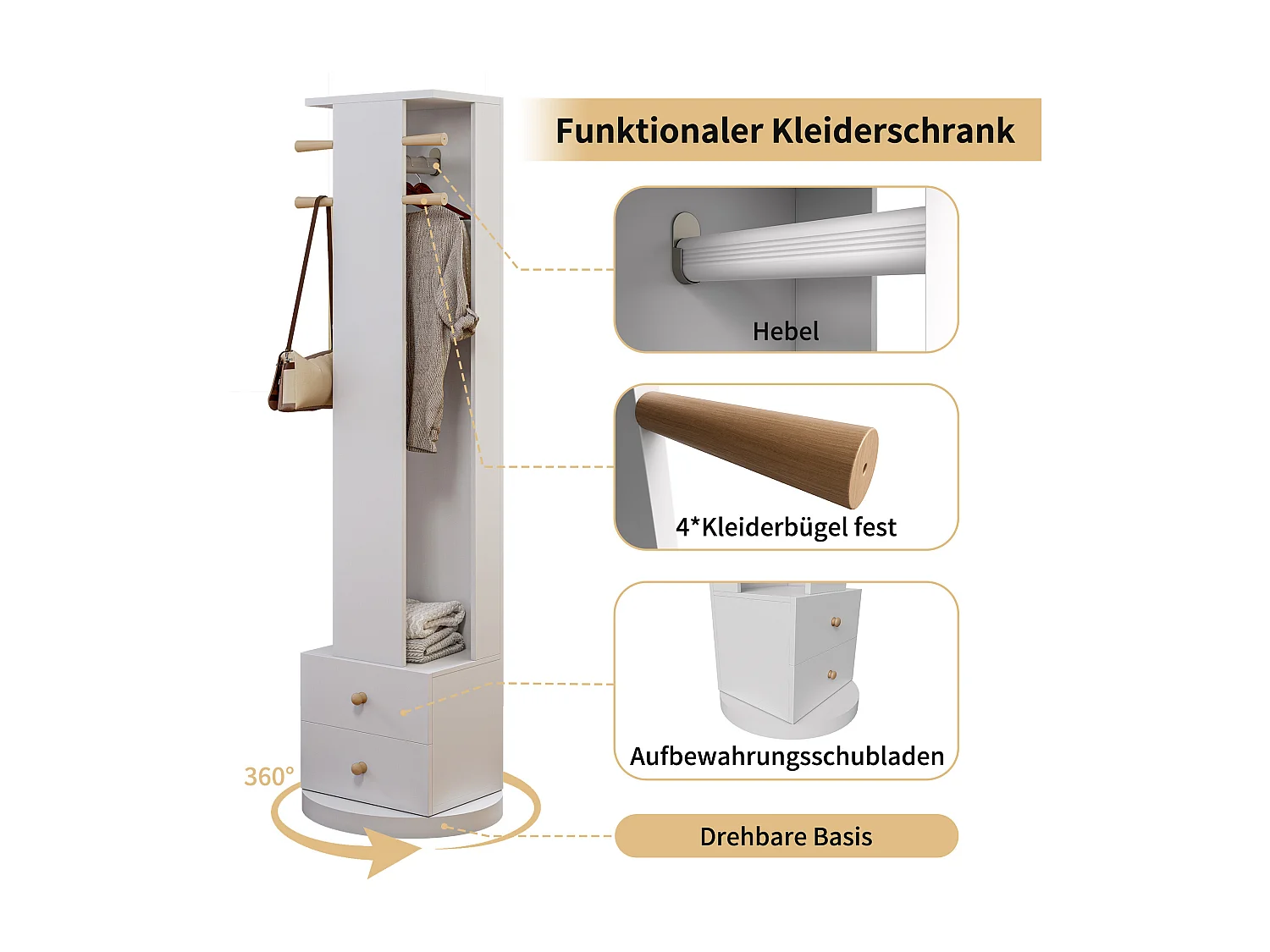 Perchero de pie de madera maciza con cajón para espejo y sombrero – Blanco