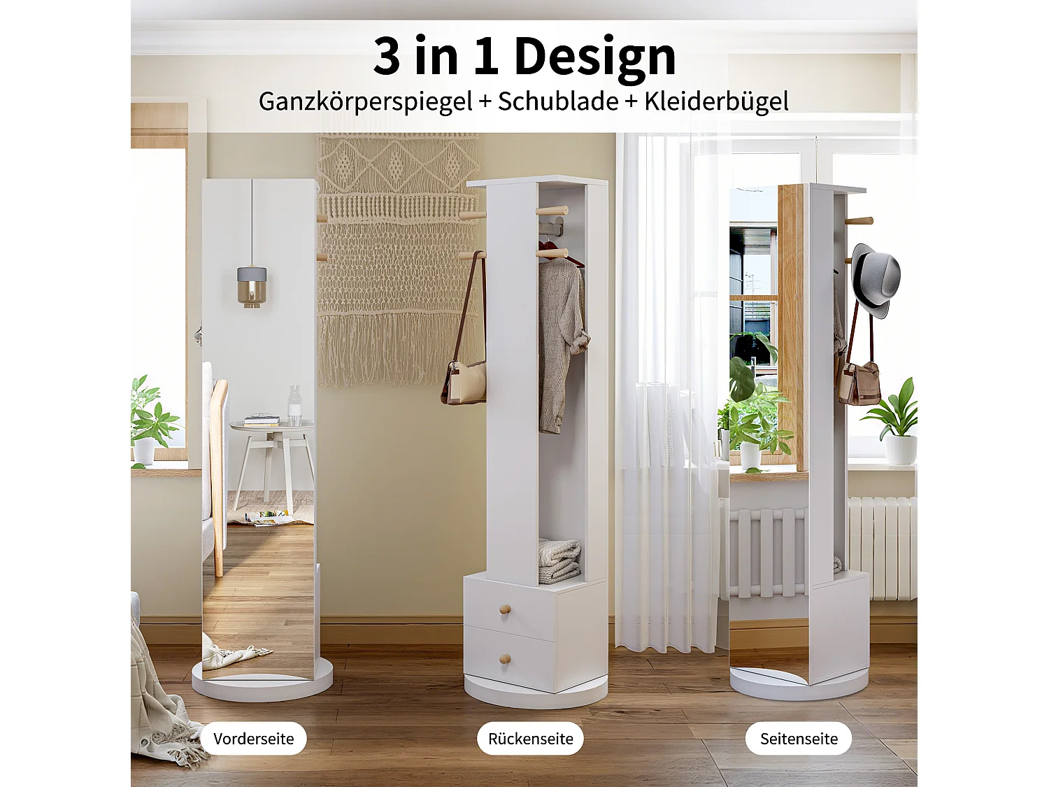 Perchero de pie de madera maciza con cajón para espejo y sombrero – Blanco