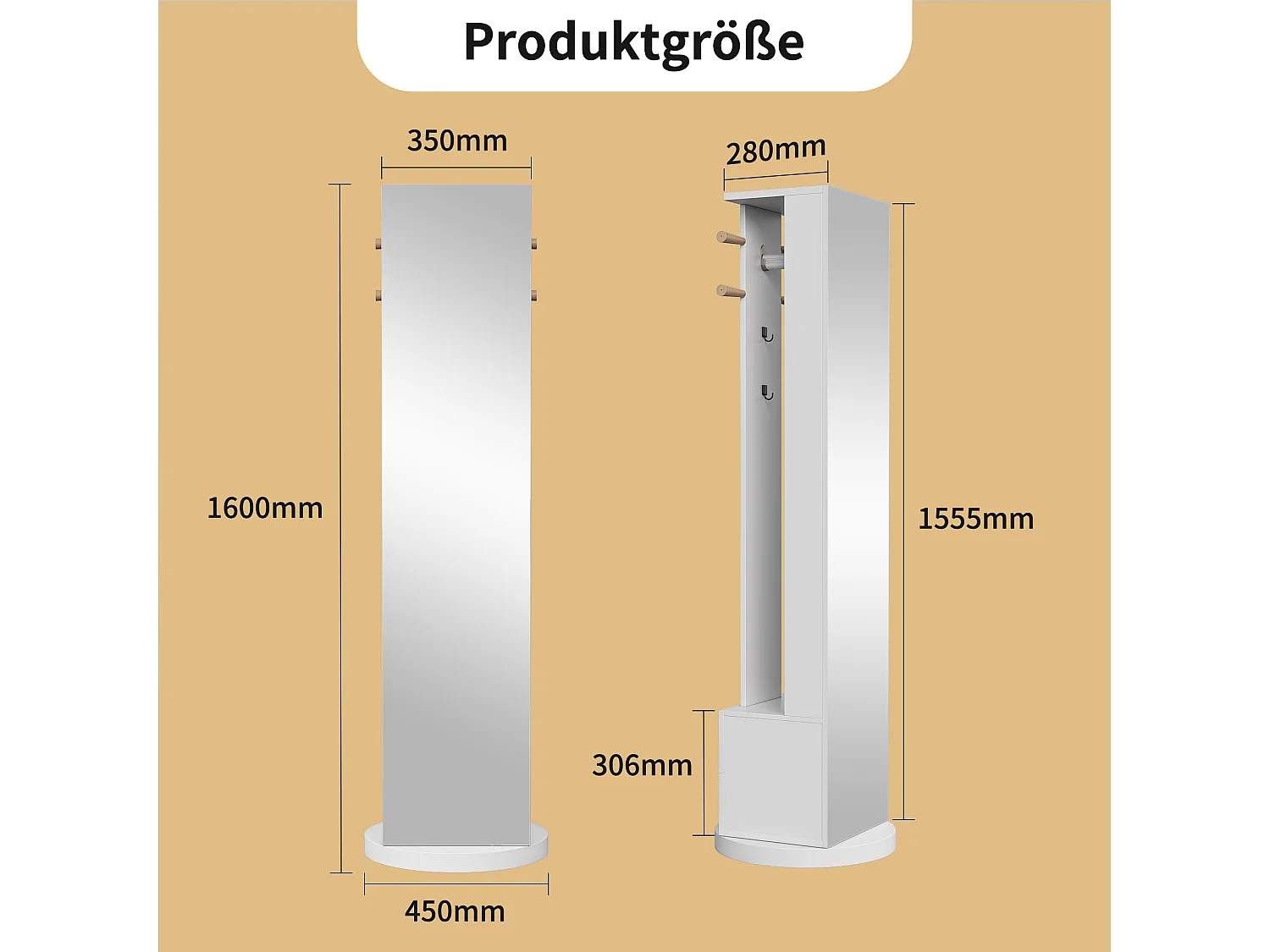 Porte-manteau autoportant en bois massif, avec tiroir de rangement, pour miroir et chapeau – Blanc