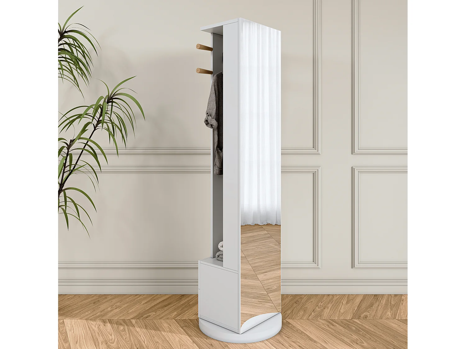 Porte-manteau autoportant en bois massif, avec tiroir de rangement, pour miroir et chapeau – Blanc