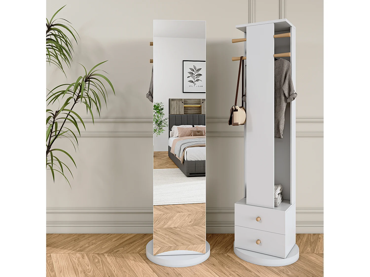 Porte-manteau autoportant en bois massif, avec tiroir de rangement, pour miroir et chapeau – Blanc