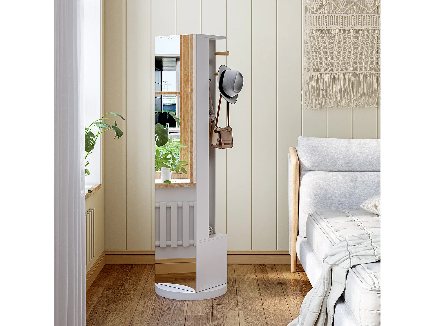 Appendiabiti indipendente in legno massello con cassetto portaoggetti per specchio e cappello – Bianco