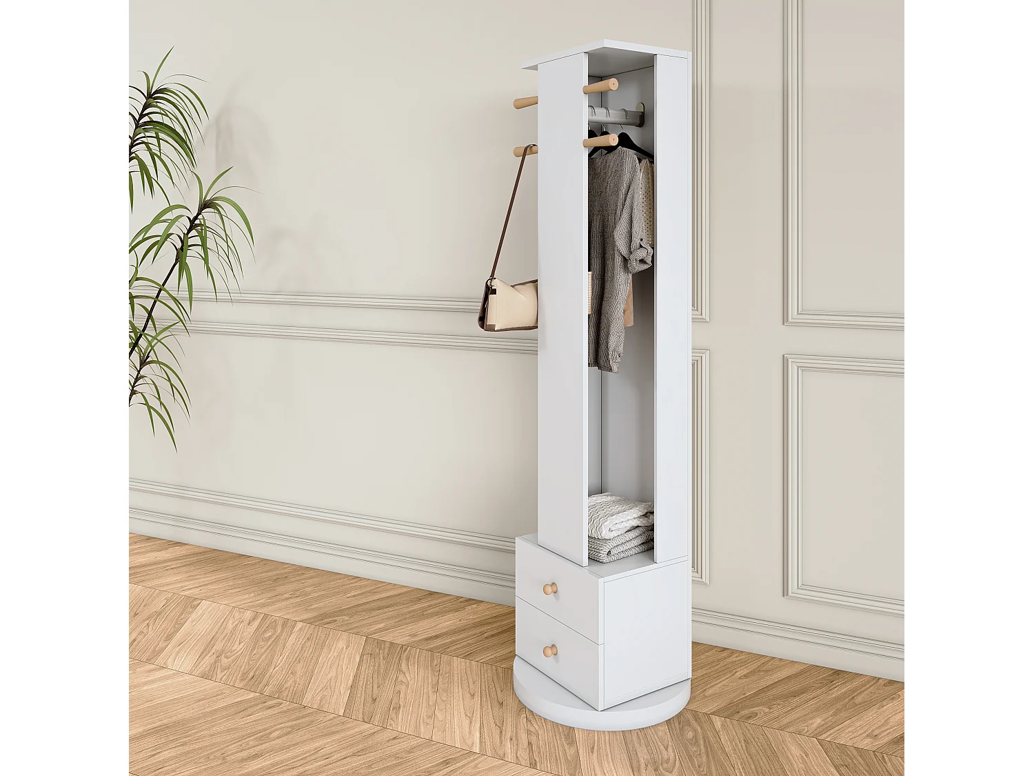 Appendiabiti indipendente in legno massello con cassetto portaoggetti per specchio e cappello – Bianco