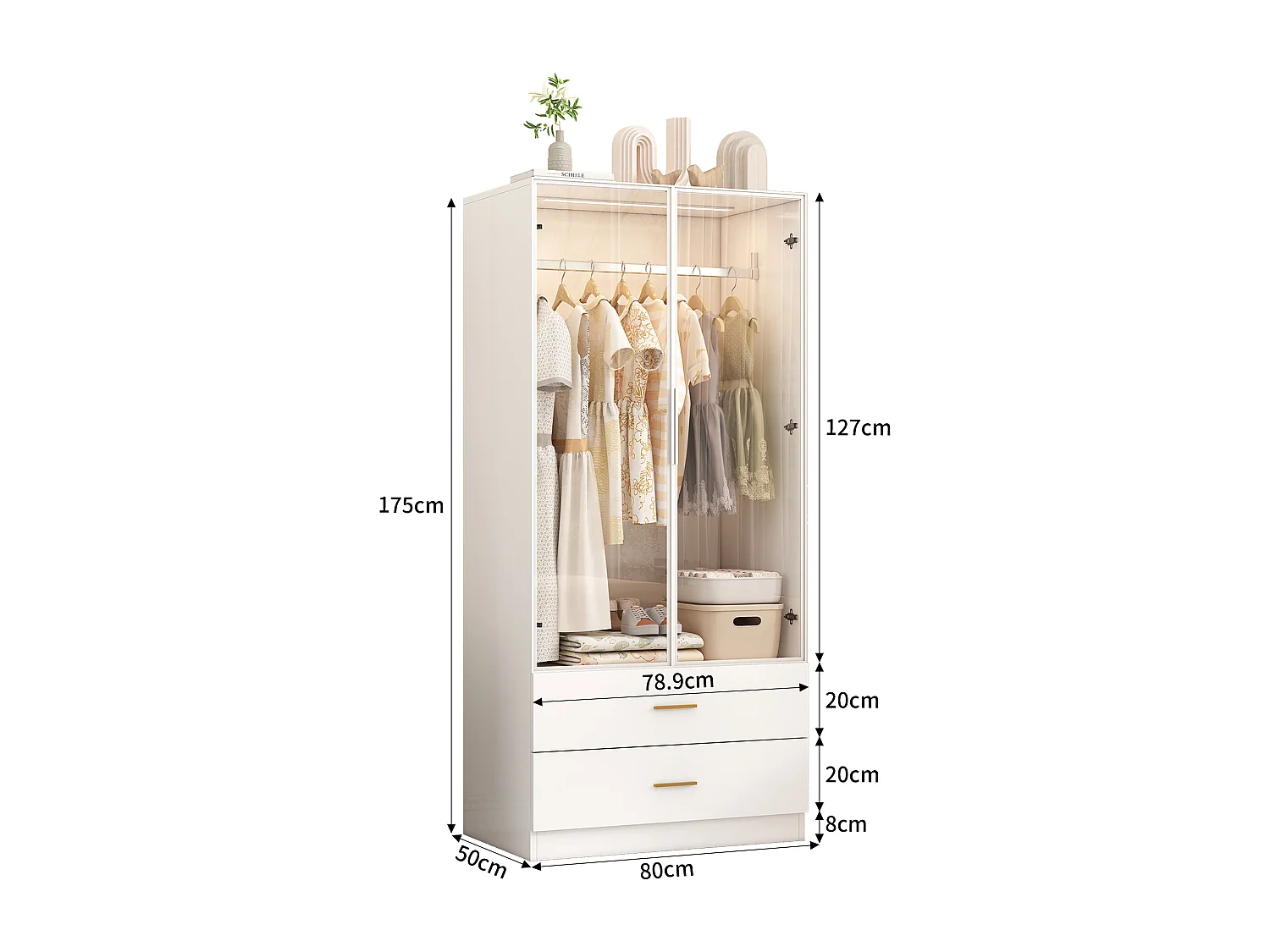 Armoire avec LED et porte en verre - Avec 1 tringle à vêtements, 2 tiroirs - 80 x 50 x 175 cm, blanc