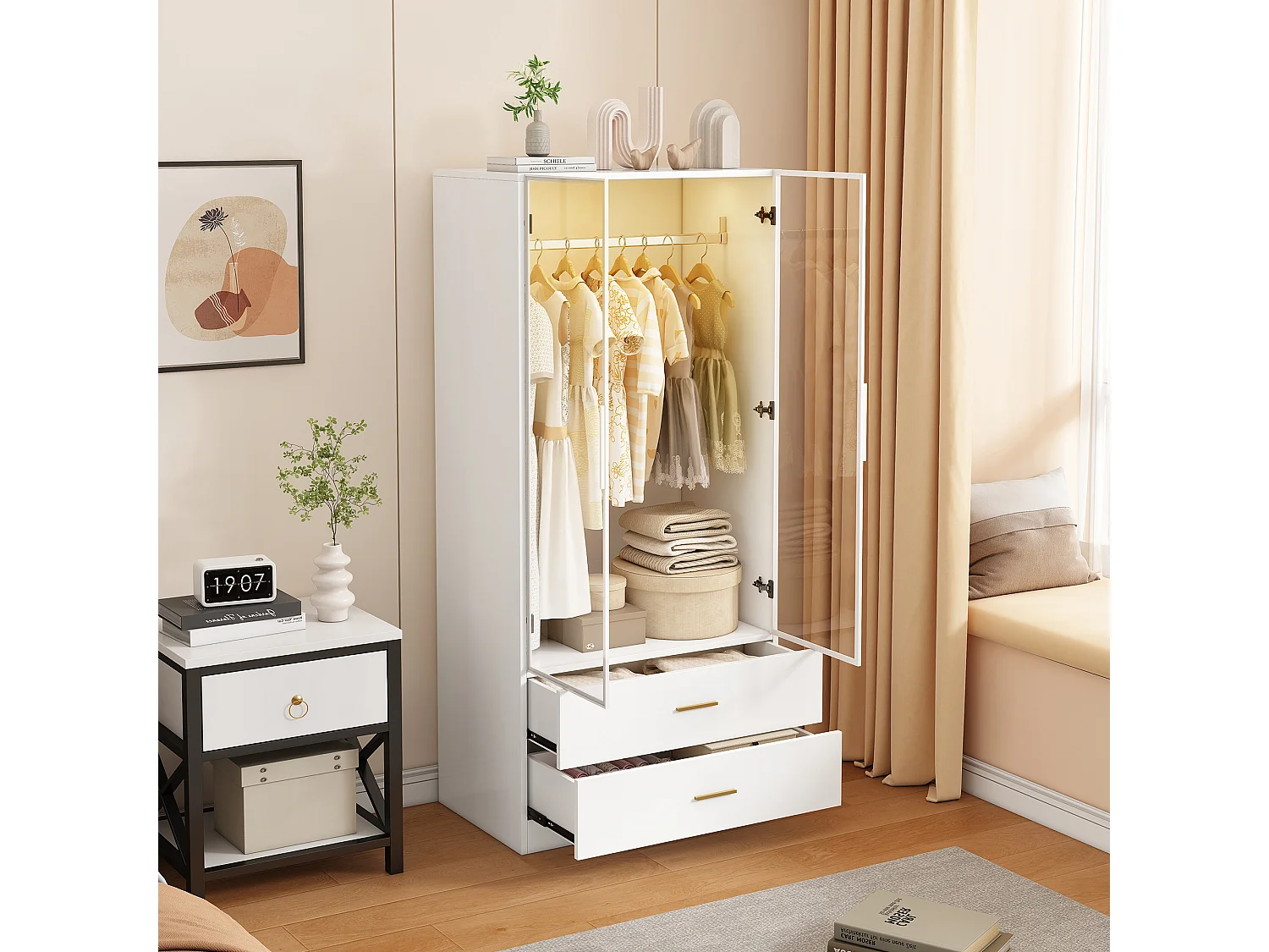 Armoire Penderie Chambre avec LED, Armoire Dressing avec Penderie Moderne 2 Portes 2 Tiroirs, Garde Robe avec Tringle à Vêtements, Blanc, 80 * 50 * 175