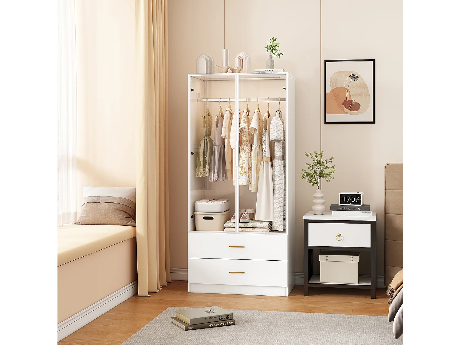 Armoire Penderie Chambre avec LED, Armoire Dressing avec Penderie Moderne 2 Portes 2 Tiroirs, Garde Robe avec Tringle à Vêtements, Blanc, 80 * 50 * 175