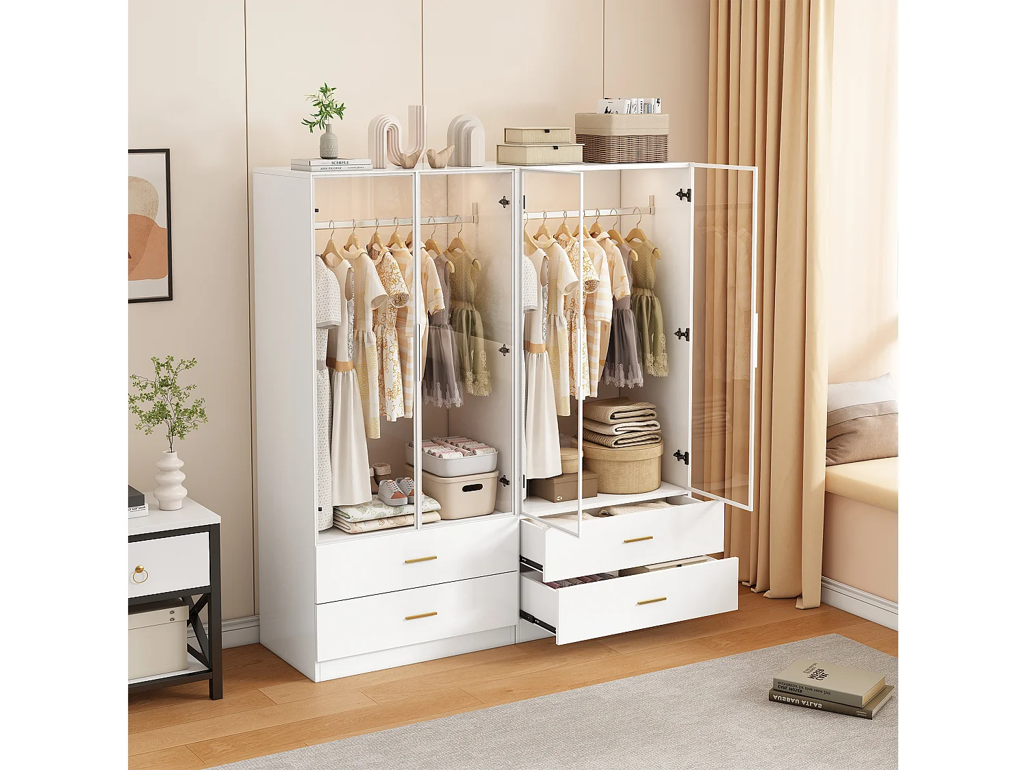 Armoire Penderie Chambre avec LED, Armoire Dressing avec Penderie Moderne 2 Portes 2 Tiroirs, Garde Robe avec Tringle à Vêtements, Blanc, 80 * 50 * 175